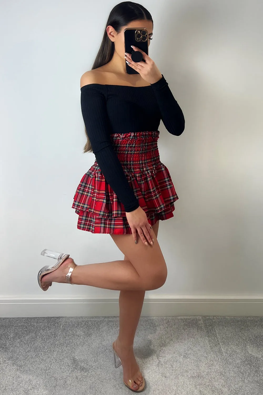 Cece Red Check Shirred Waist Ruffle Hem Mini Skirt