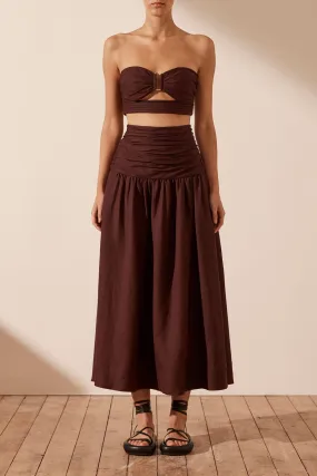 Luxurious Cocoa Ruched Linen Midi Skirt - Cézanne Collection