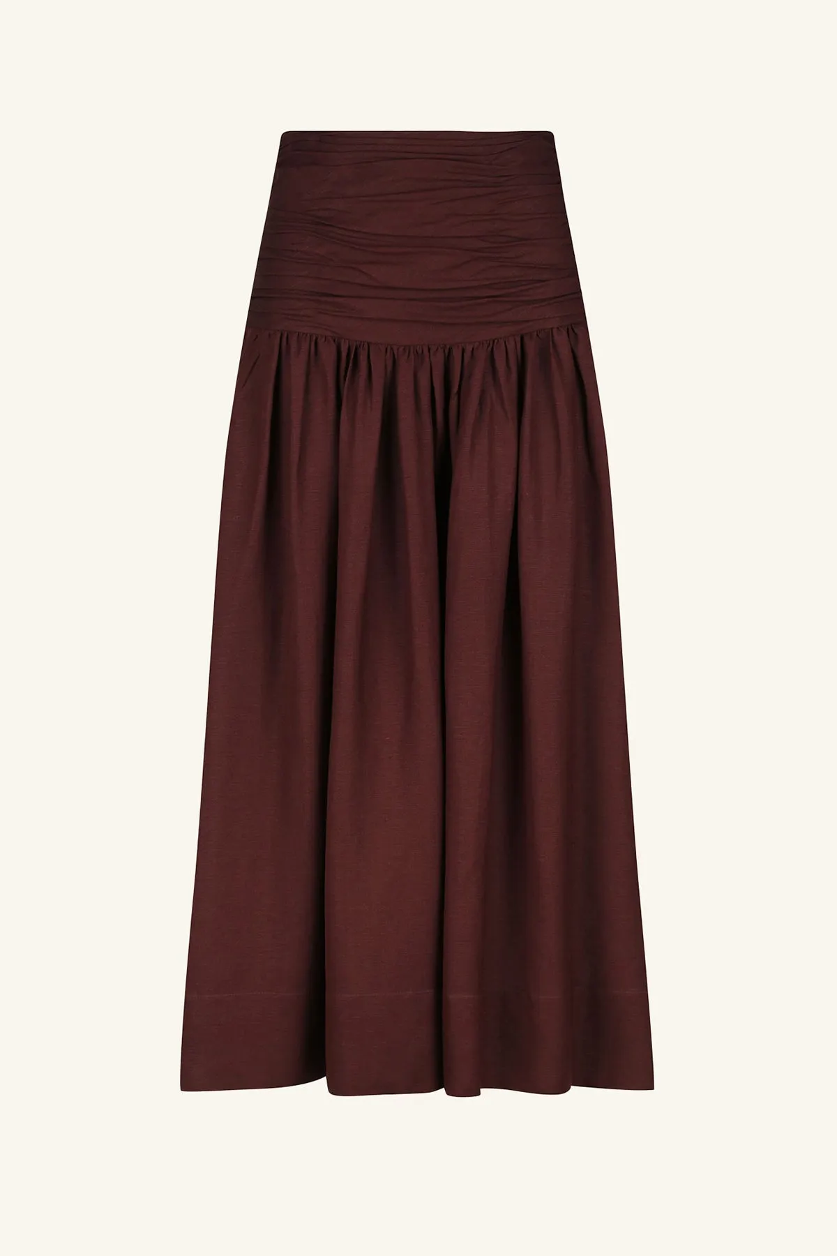 Luxurious Cocoa Ruched Linen Midi Skirt - Cézanne Collection