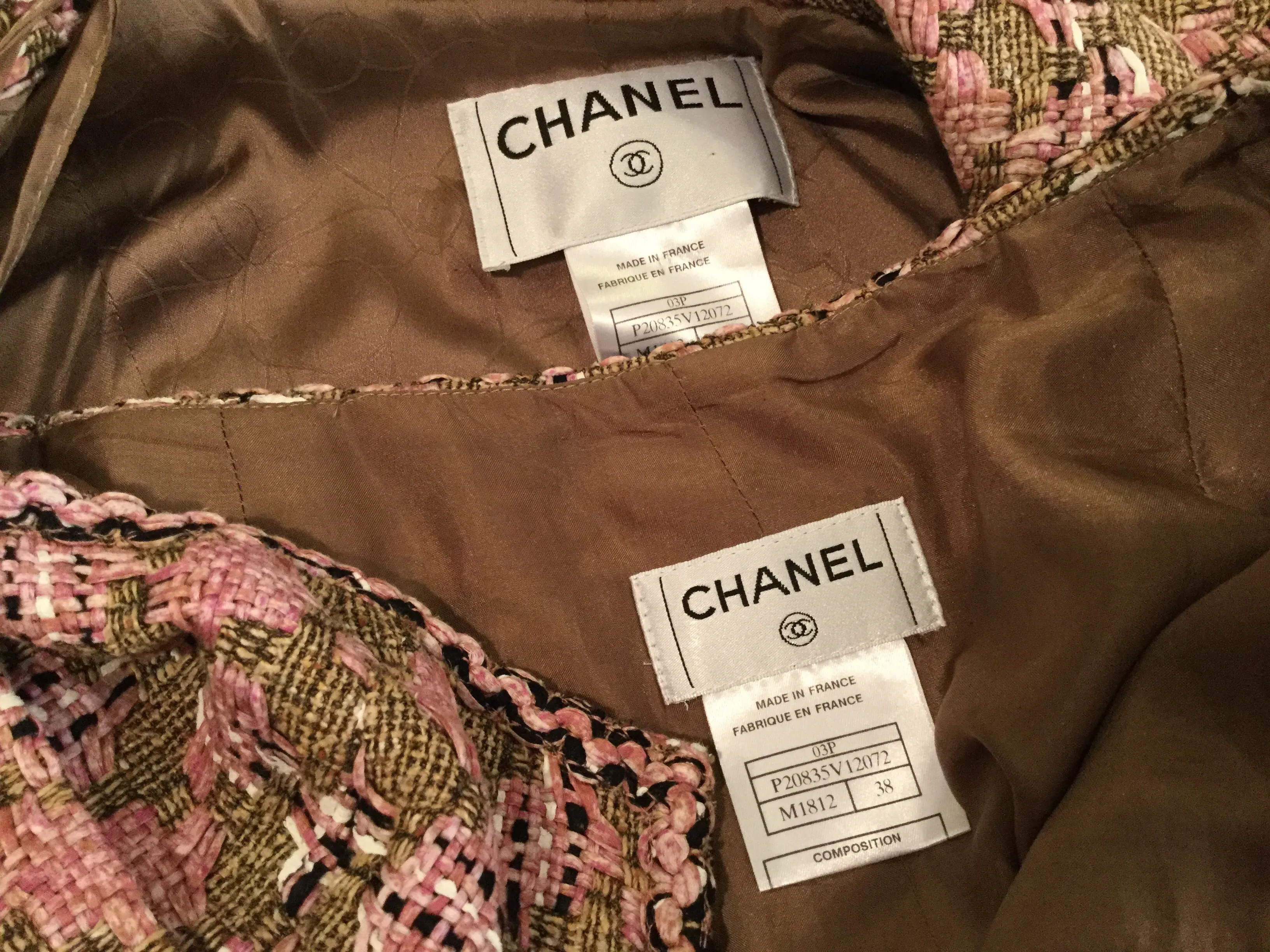 Chanel Vintage 03P, 2003 Spring Pink Brown Tweed Cotton jacket blazer skirt suit set FR 38 US 4