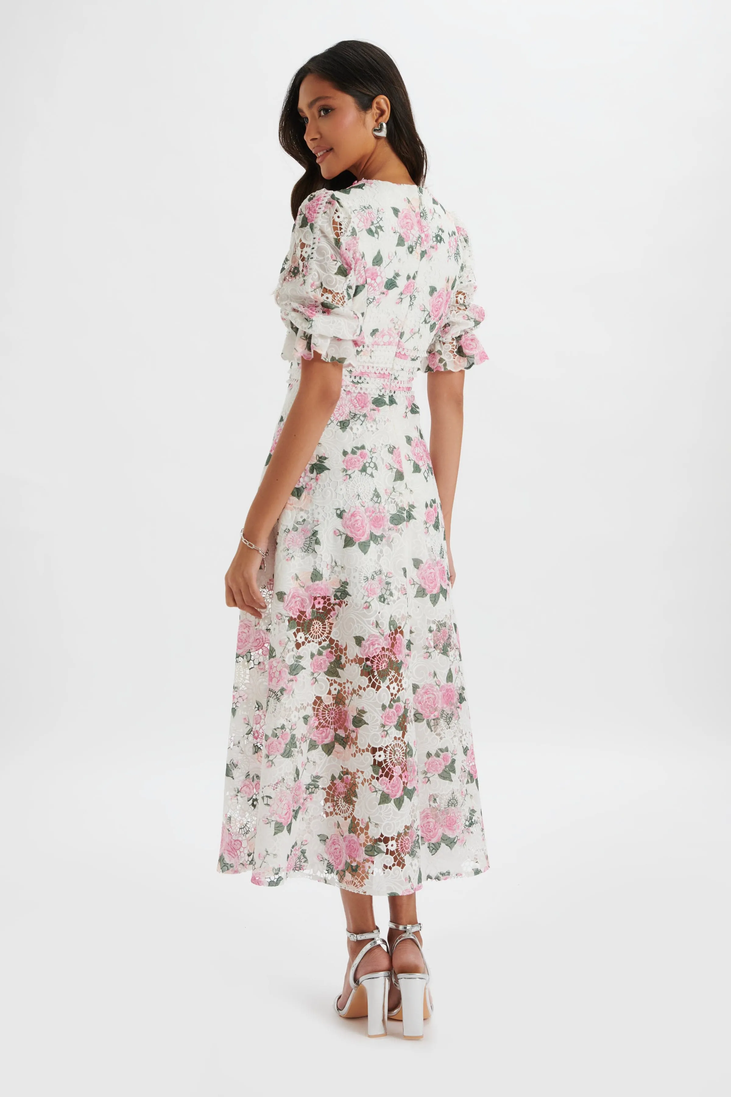 CINDY Micro Button and Loop Detail Long Midi Dress in Floral Broderie