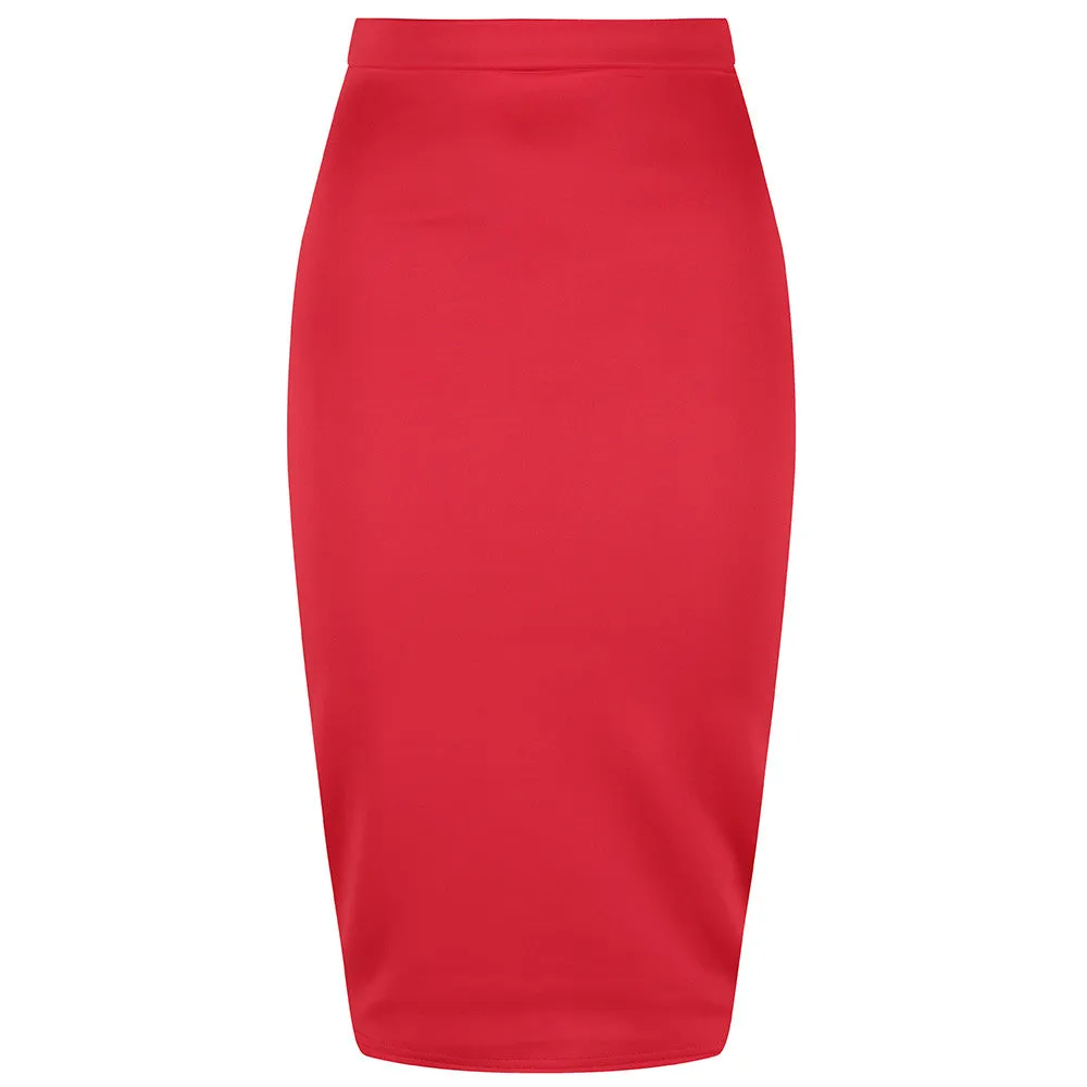 Classic Stretch Red Pencil Bodycon Midi Work Office Skirt