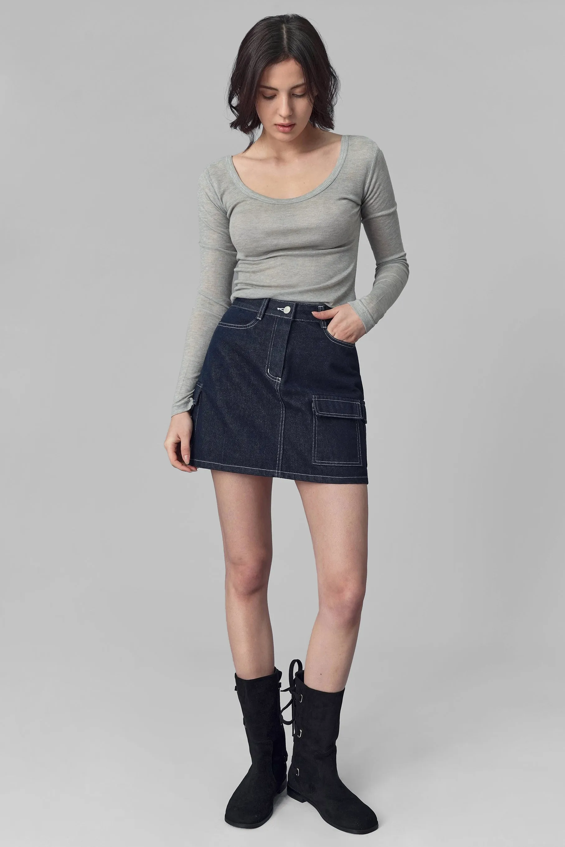 Colin Cargo Denim Mini Skirt, Navy