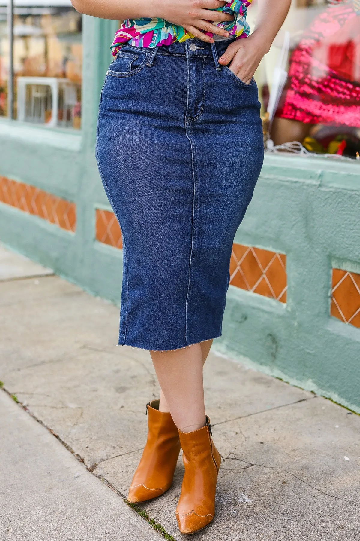 Dark Denim High Rise Back Slit Midi Length Skirt