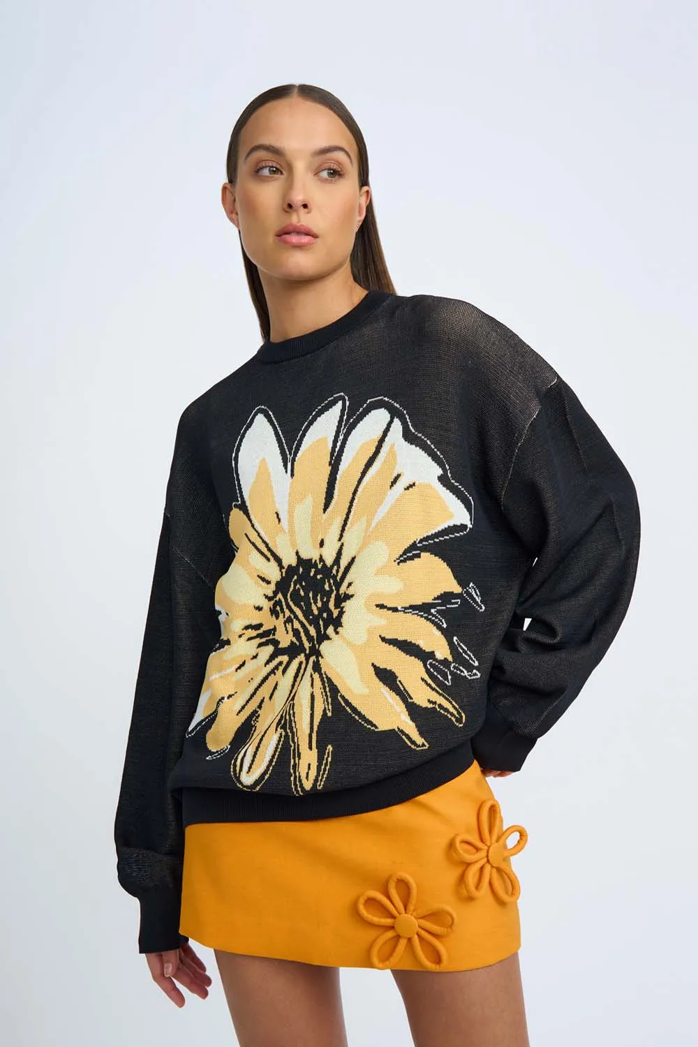 Digital Daisy Knit Sweater | Final Sale - Black Orange