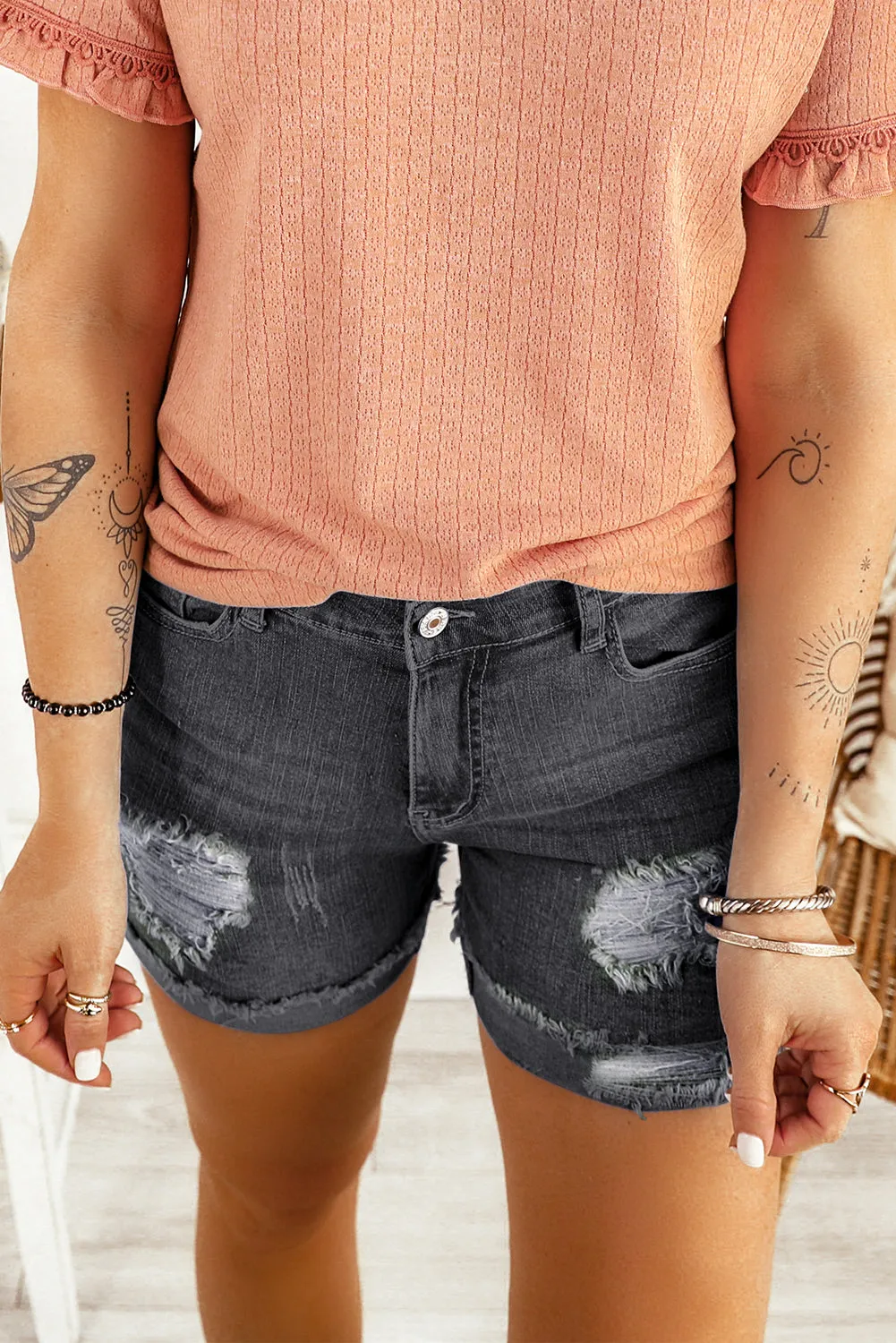 Distressed Ripped Rolled Hem Denim Shorts