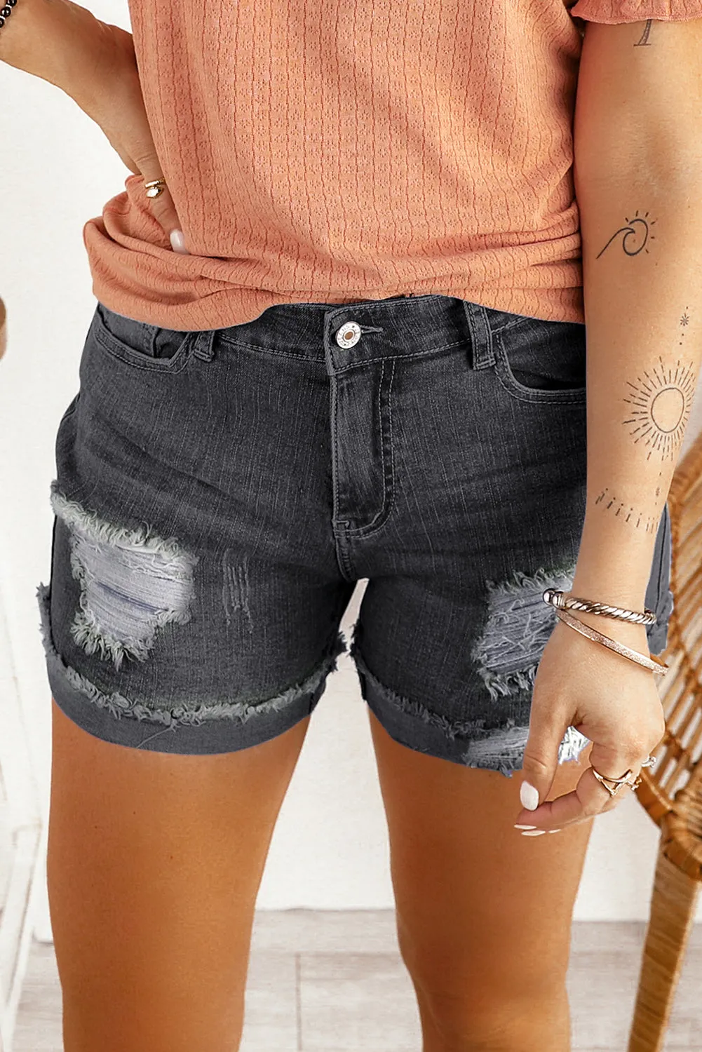 Distressed Ripped Rolled Hem Denim Shorts