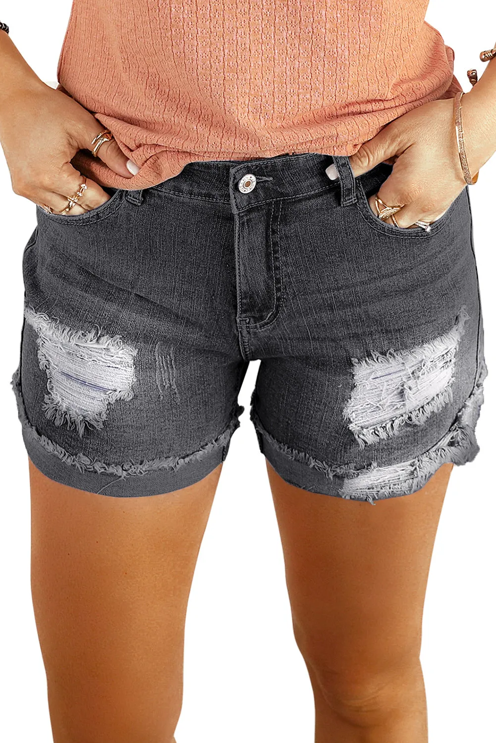 Distressed Ripped Rolled Hem Denim Shorts