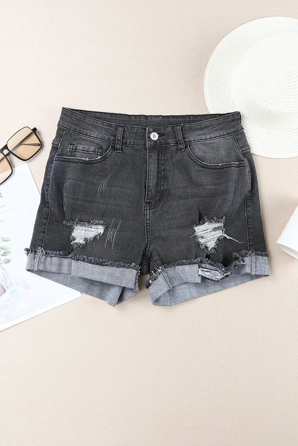 Distressed Ripped Rolled Hem Denim Shorts