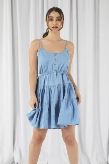 Double Second Blue Tiered Strappy Chambray Denim Dress