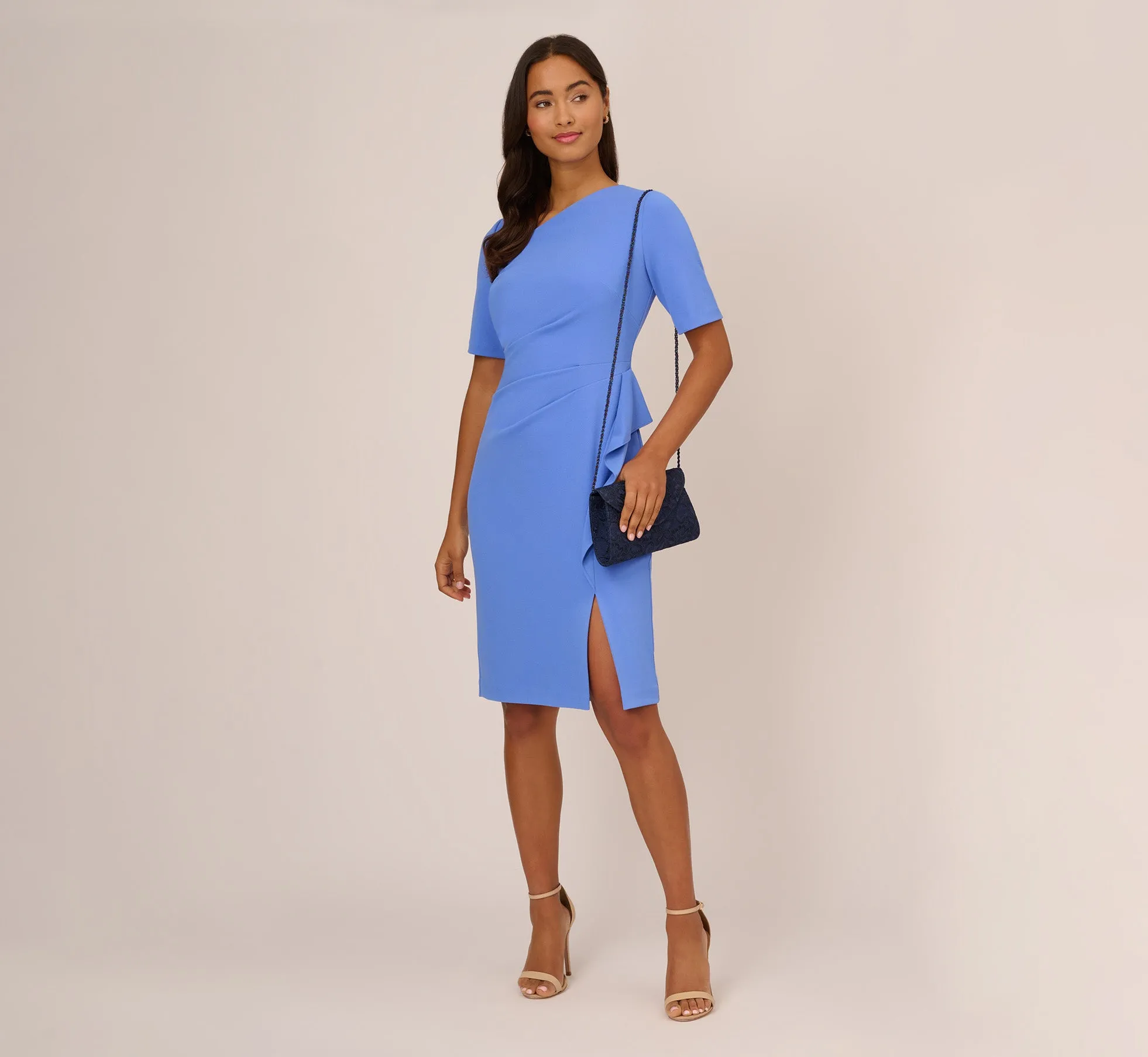 Draped Ruffle Crepe Dress With Short Sleeves In Precious Peri