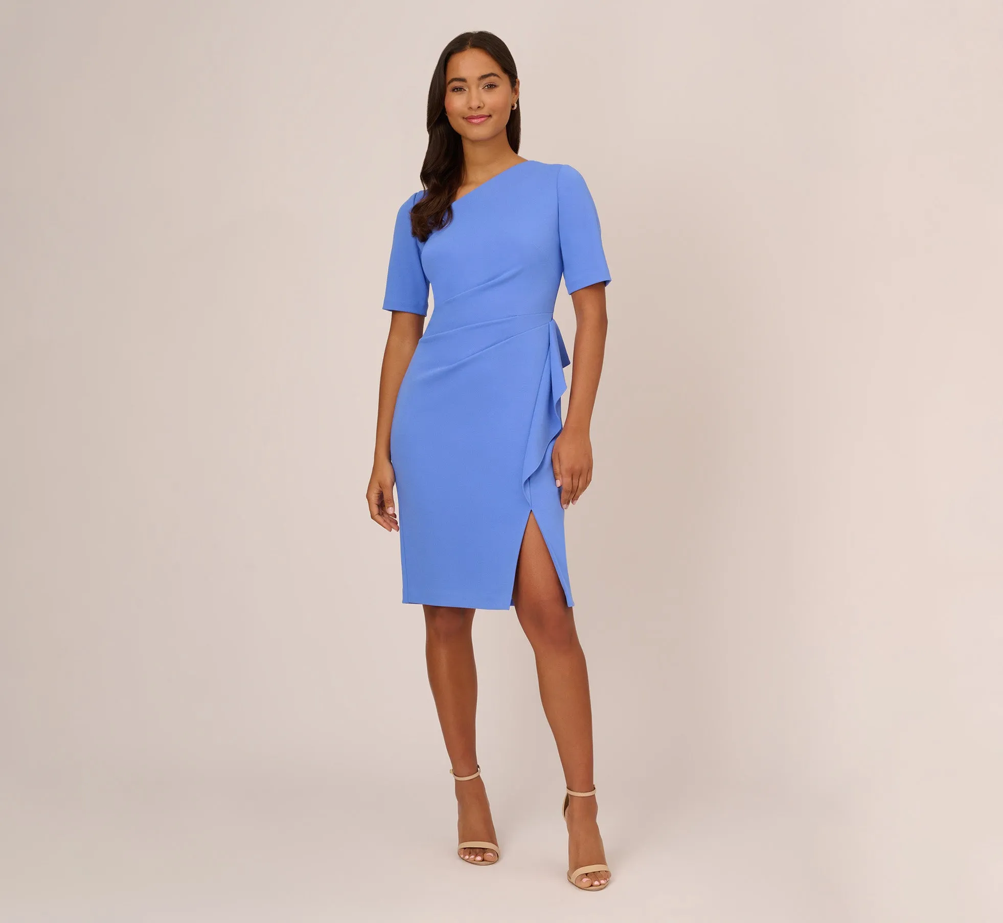 Draped Ruffle Crepe Dress With Short Sleeves In Precious Peri