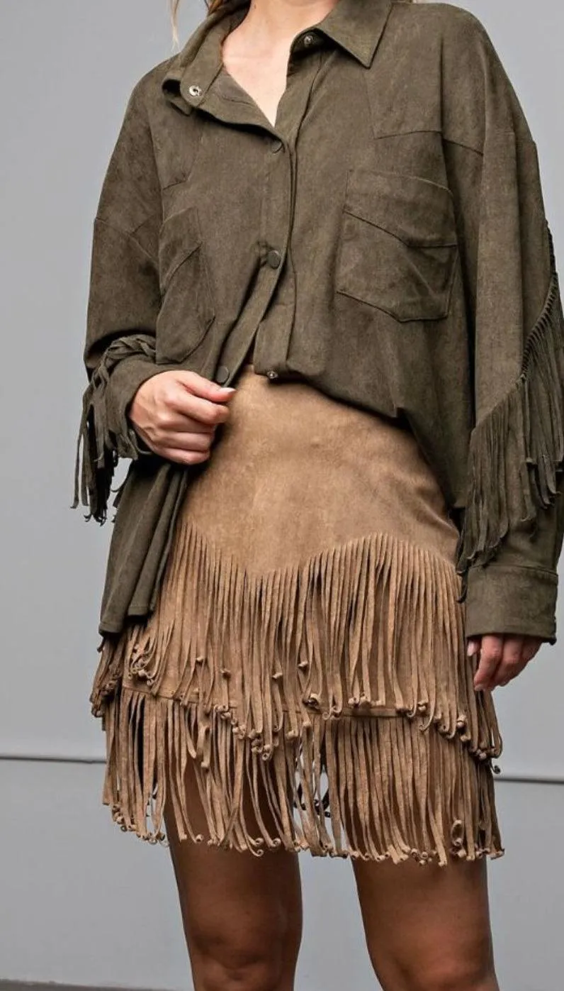 Easel Faux Khaki Suede Fringe Skirt