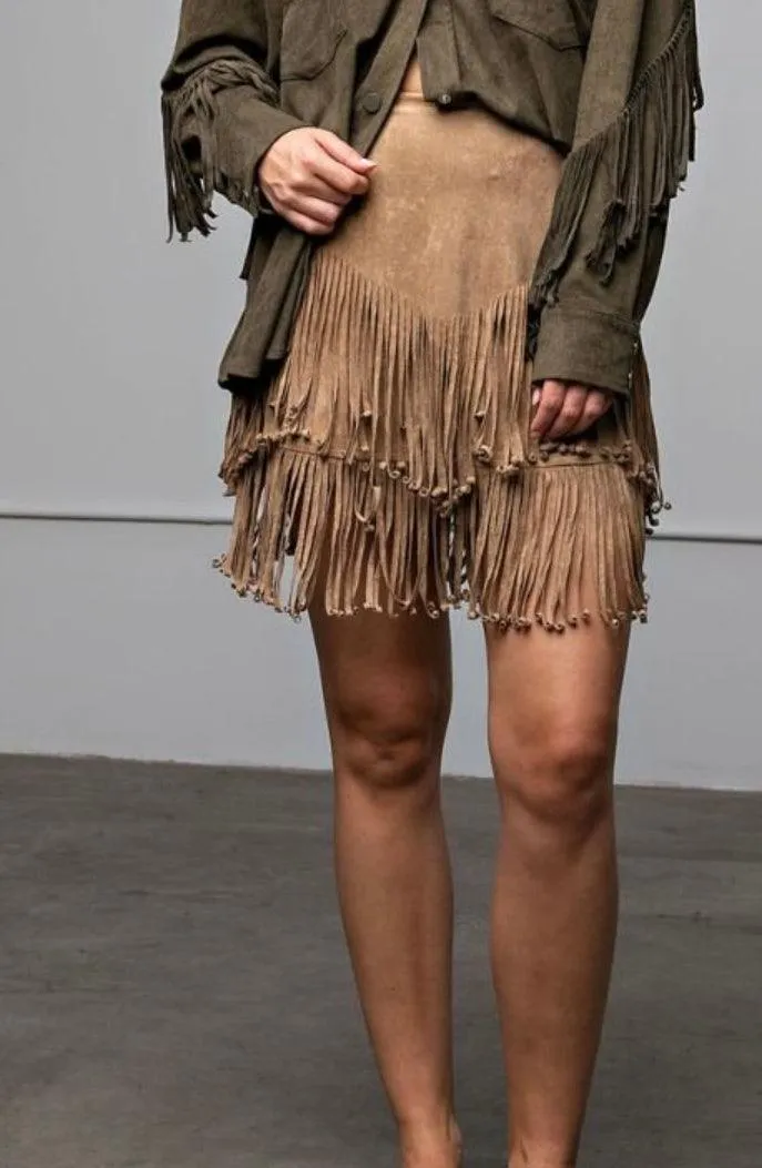 Easel Faux Khaki Suede Fringe Skirt