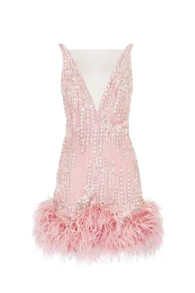 Fabulous mini dress on straps adorned with crystals and feathers