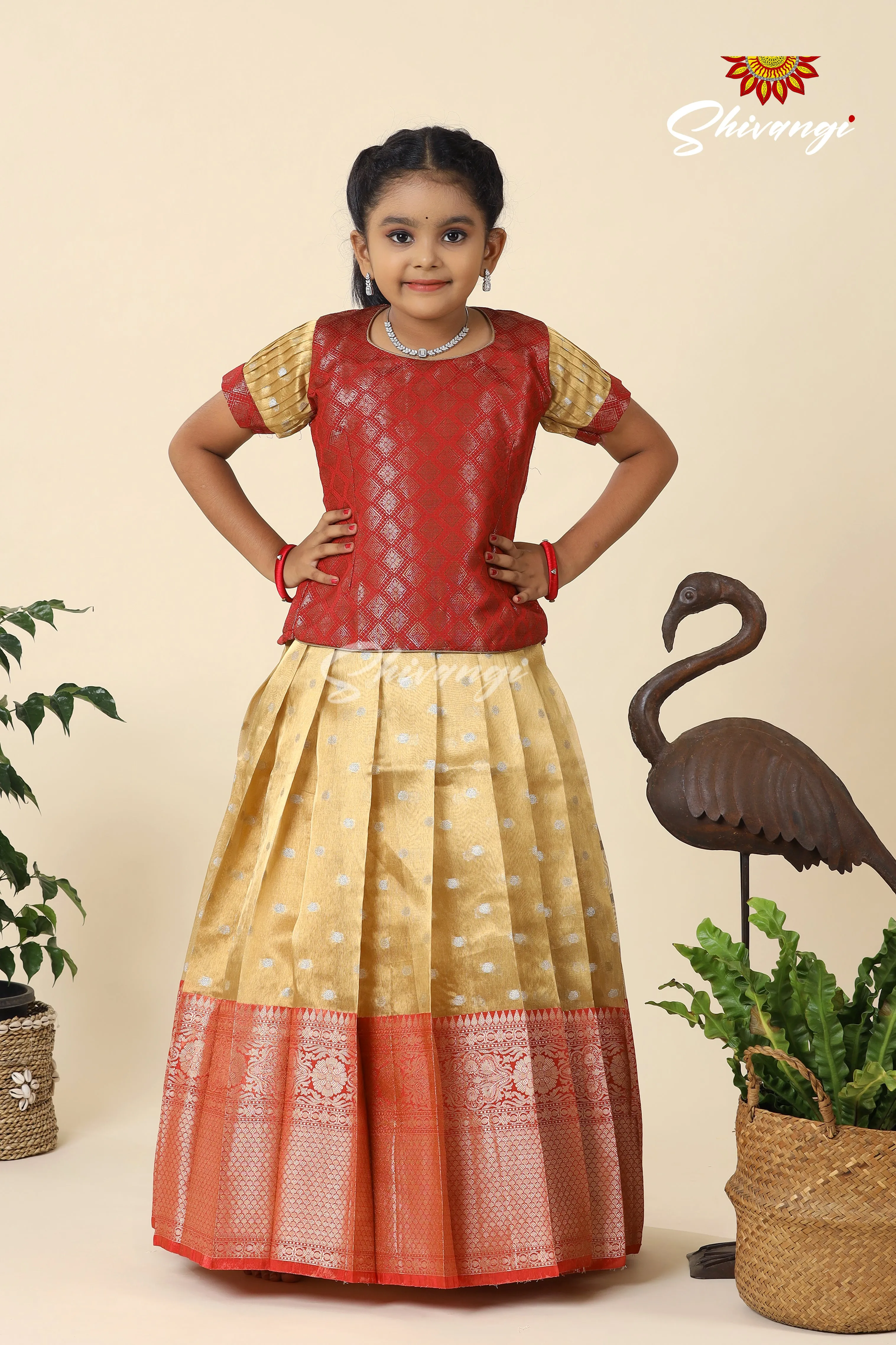 Festive Collection -  Red Tissue Butta Border Pavadai Set For Kids