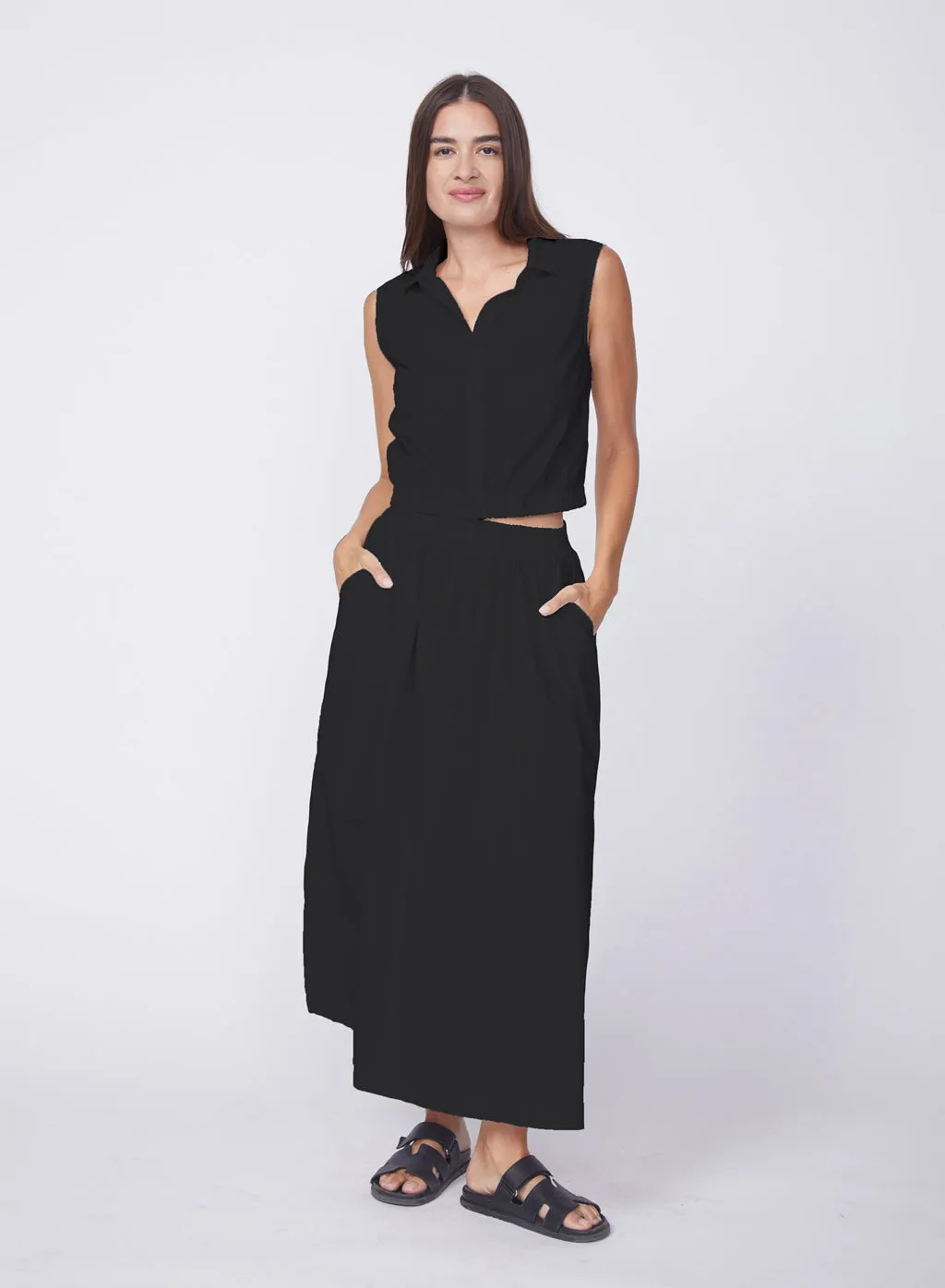 Fine Poplin Double Slit Maxi Skirt in Black