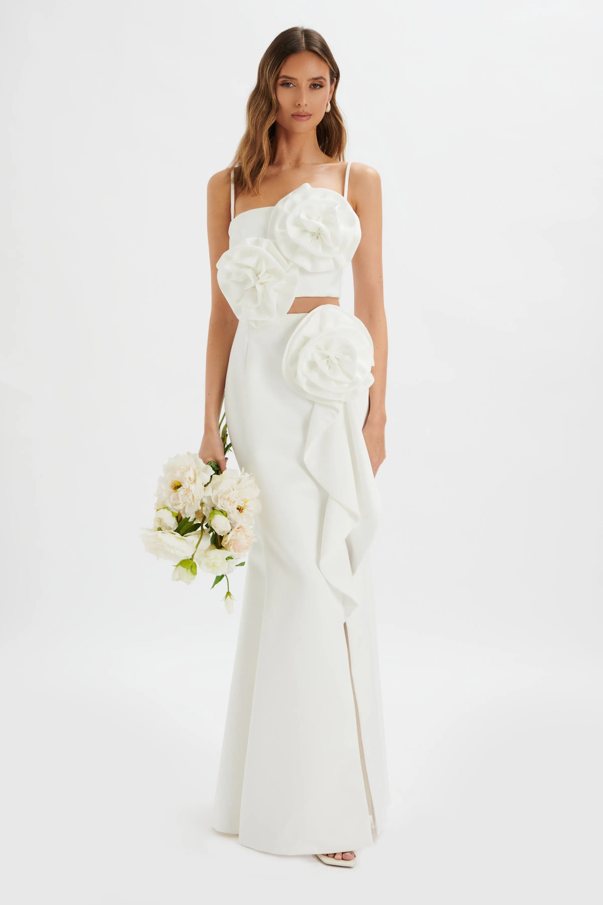 FLEUR Statement 3D Floral Satin Maxi Dress in White