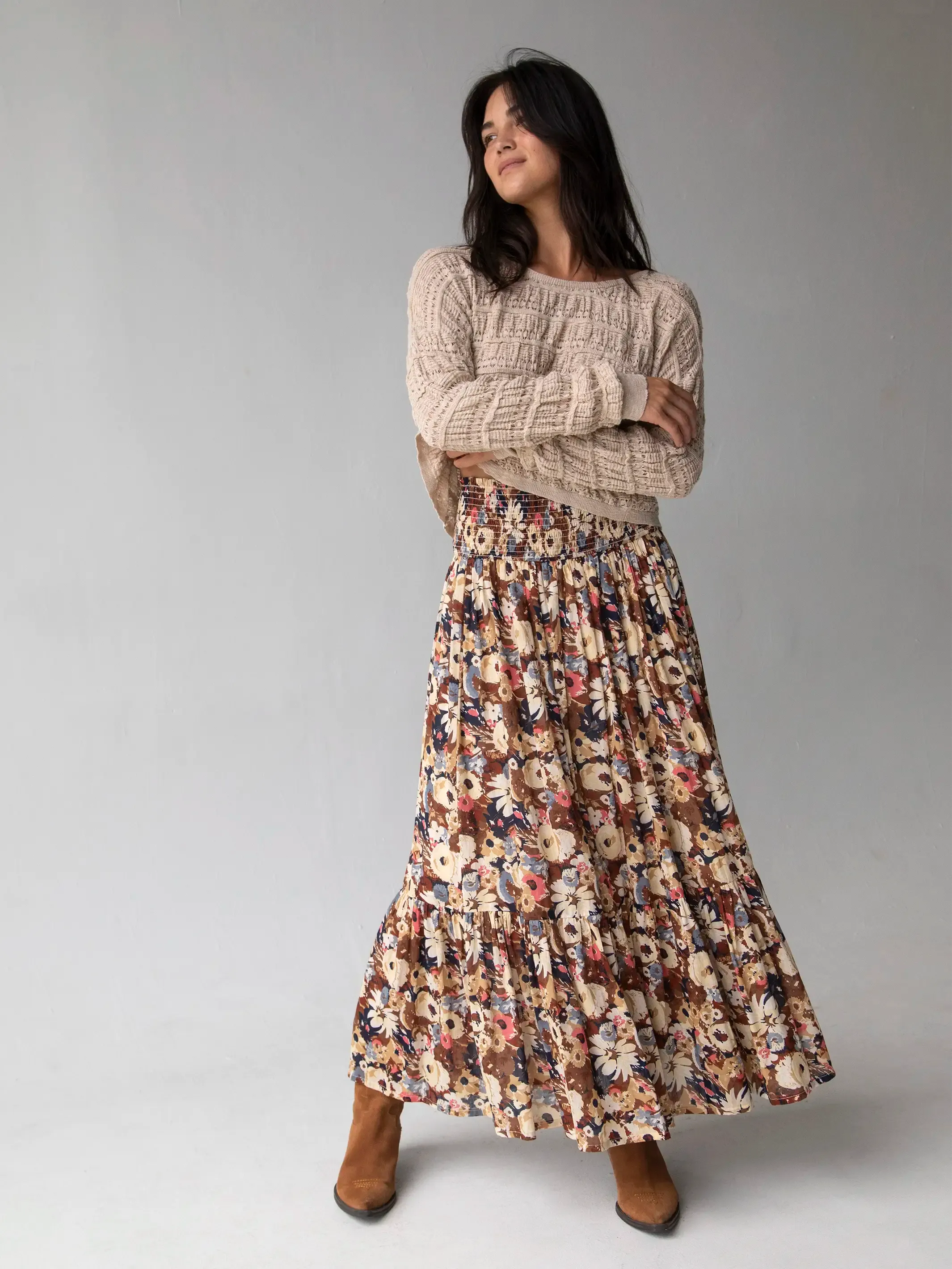 Brown Navy Floral Flora Cotton Convertible Maxi Skirt