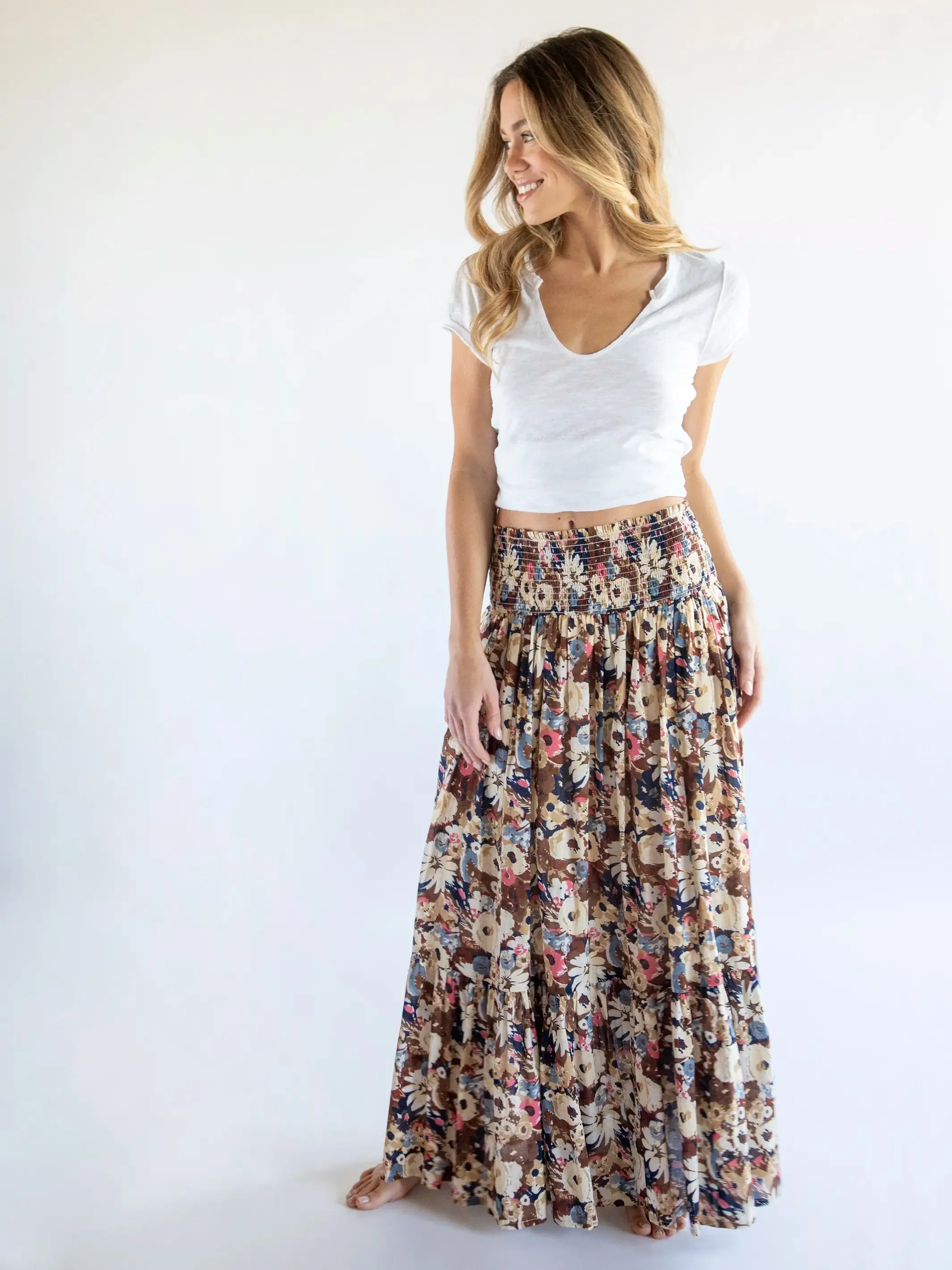 Brown Navy Floral Flora Cotton Convertible Maxi Skirt