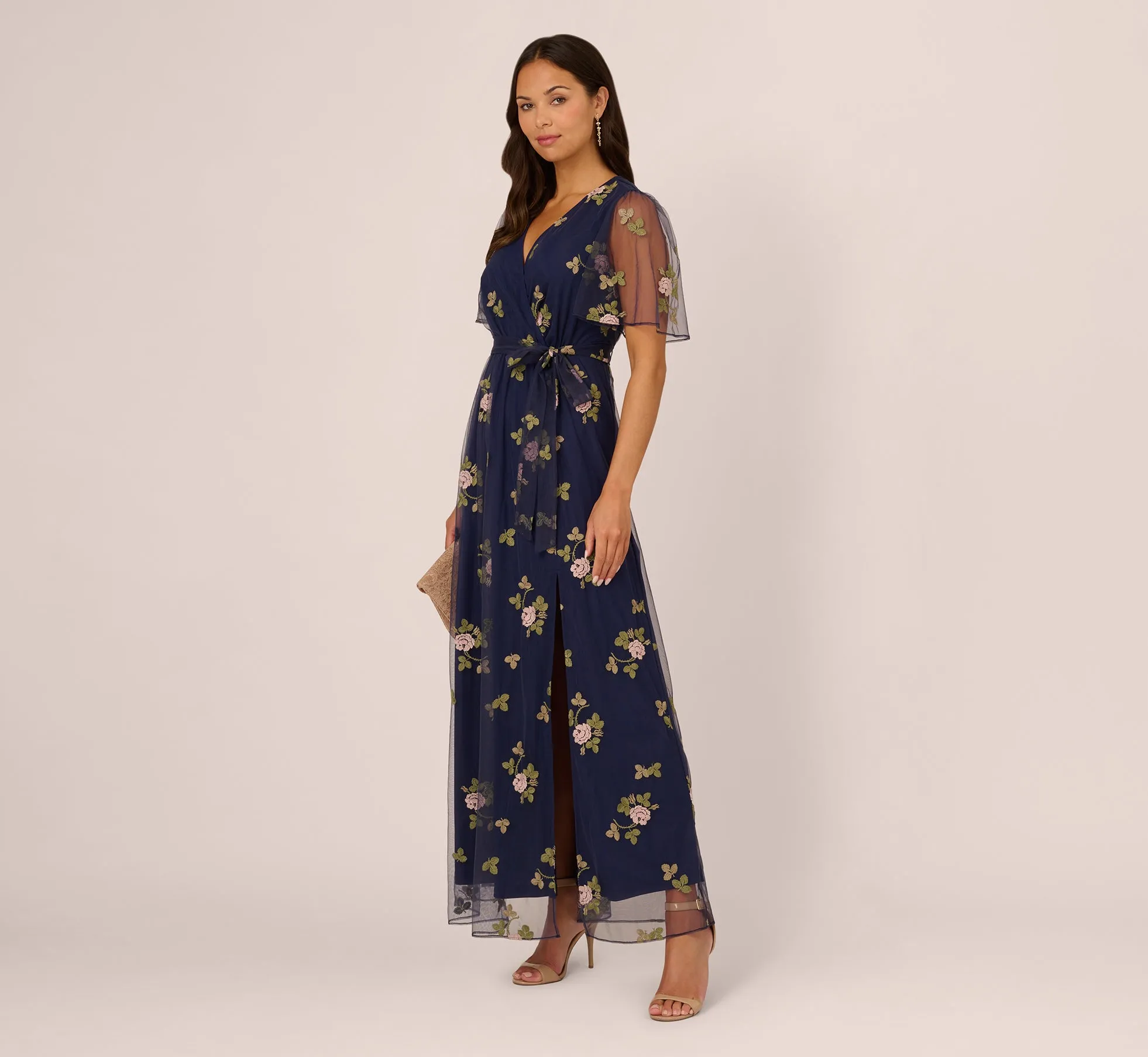 Floral Embroidered Maxi Dress With Sheer Flutter Sleeves In Navy Multi