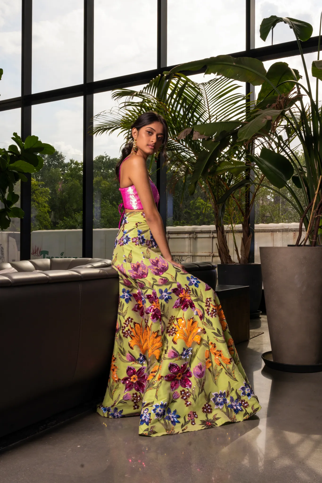 GABRIELLA Lime Floral Sequin Lehenga Skirt (Sample)