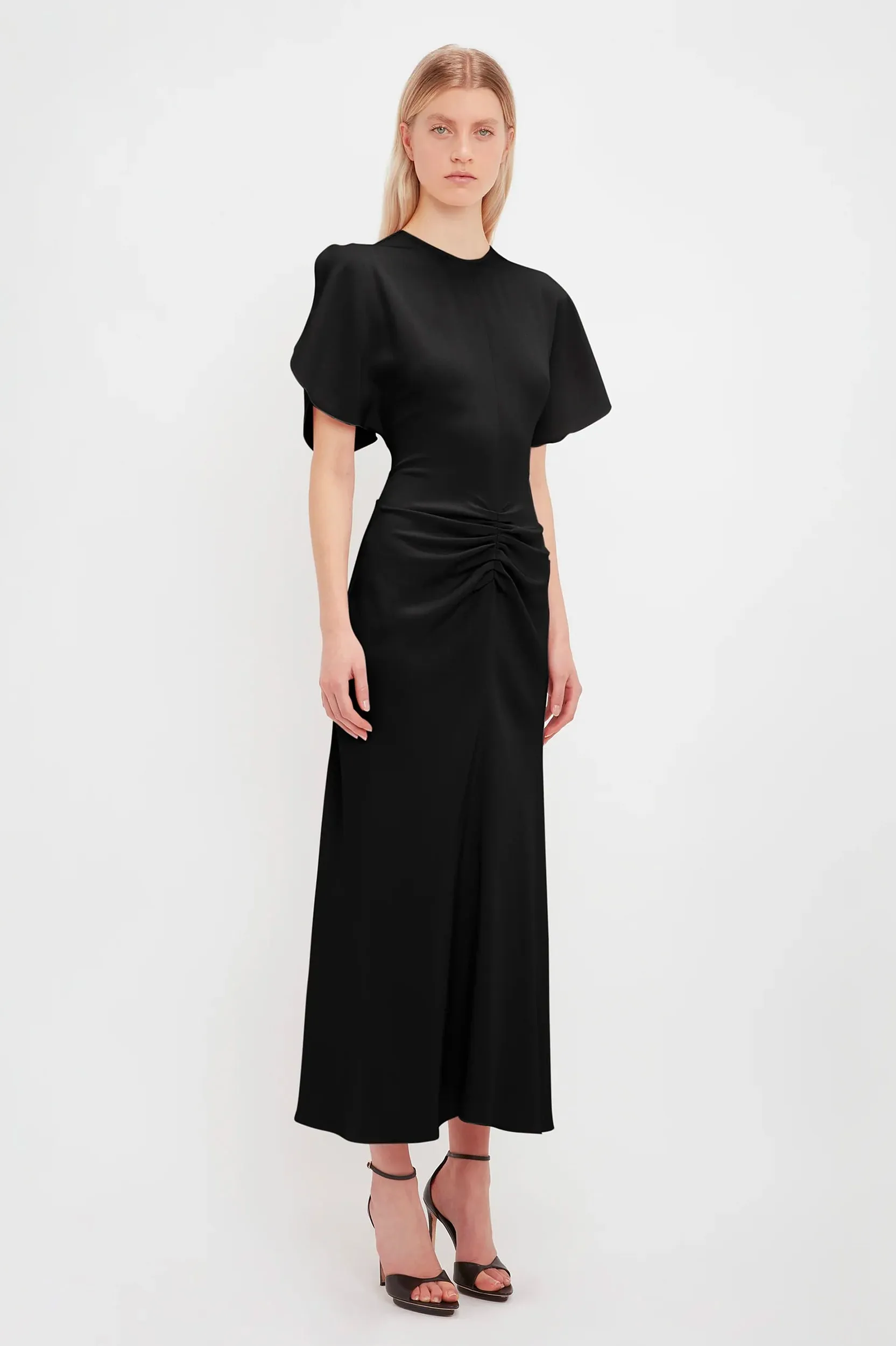 Gathered Waist Midi Dress in Black