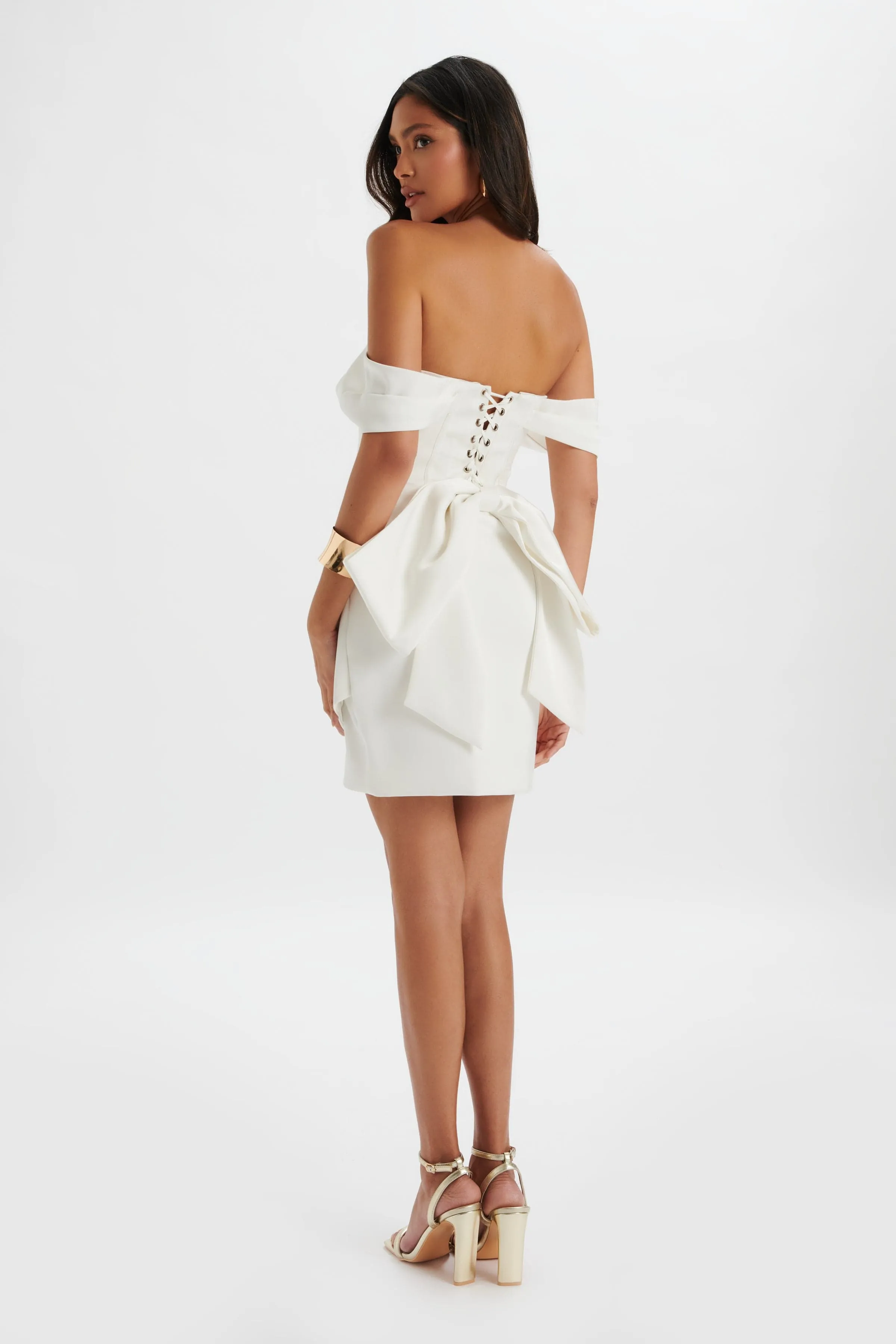 White Satin Off-Shoulder Mini Dress with Lace-Up Detail by GEORGIE