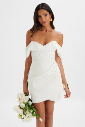 White Satin Off-Shoulder Mini Dress with Lace-Up Detail by GEORGIE