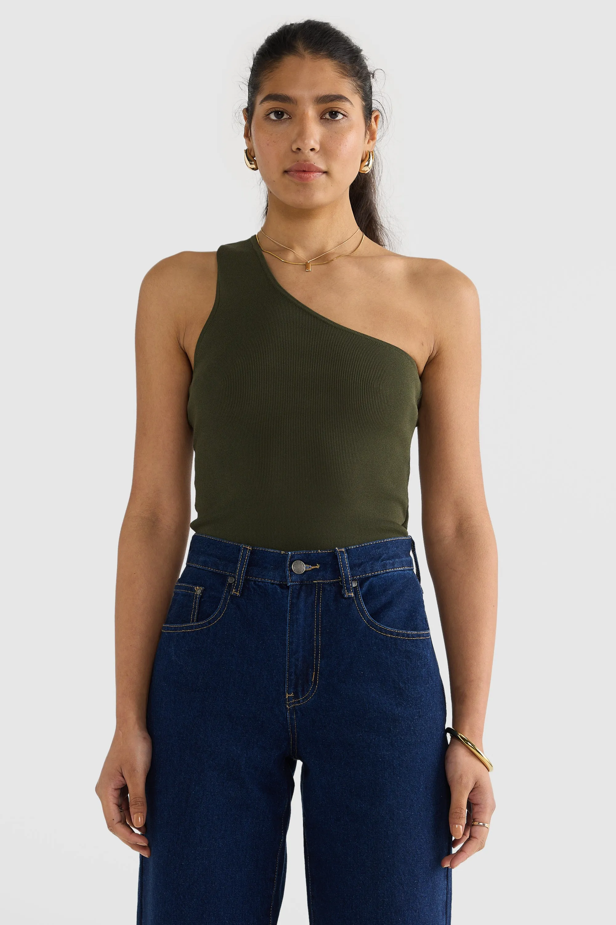 Hadley One Shoulder Knit Top Moss