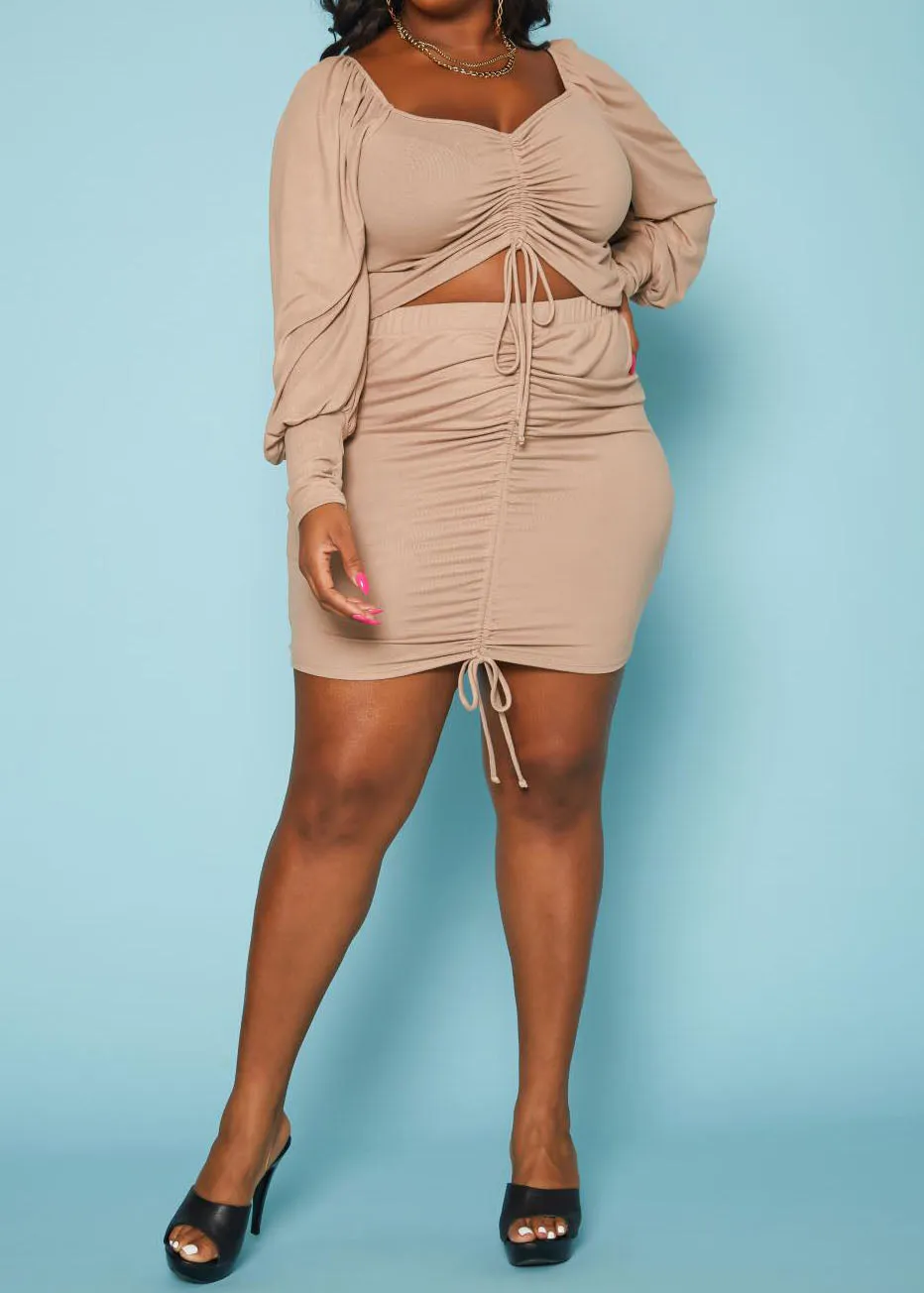 Hi Curvy Plus Size Drawstring Hem Top & Mini Skirt Set