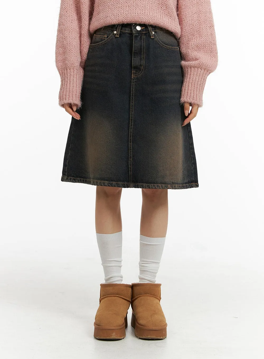 High Waist Solid Denim Mid Skirt CJ409