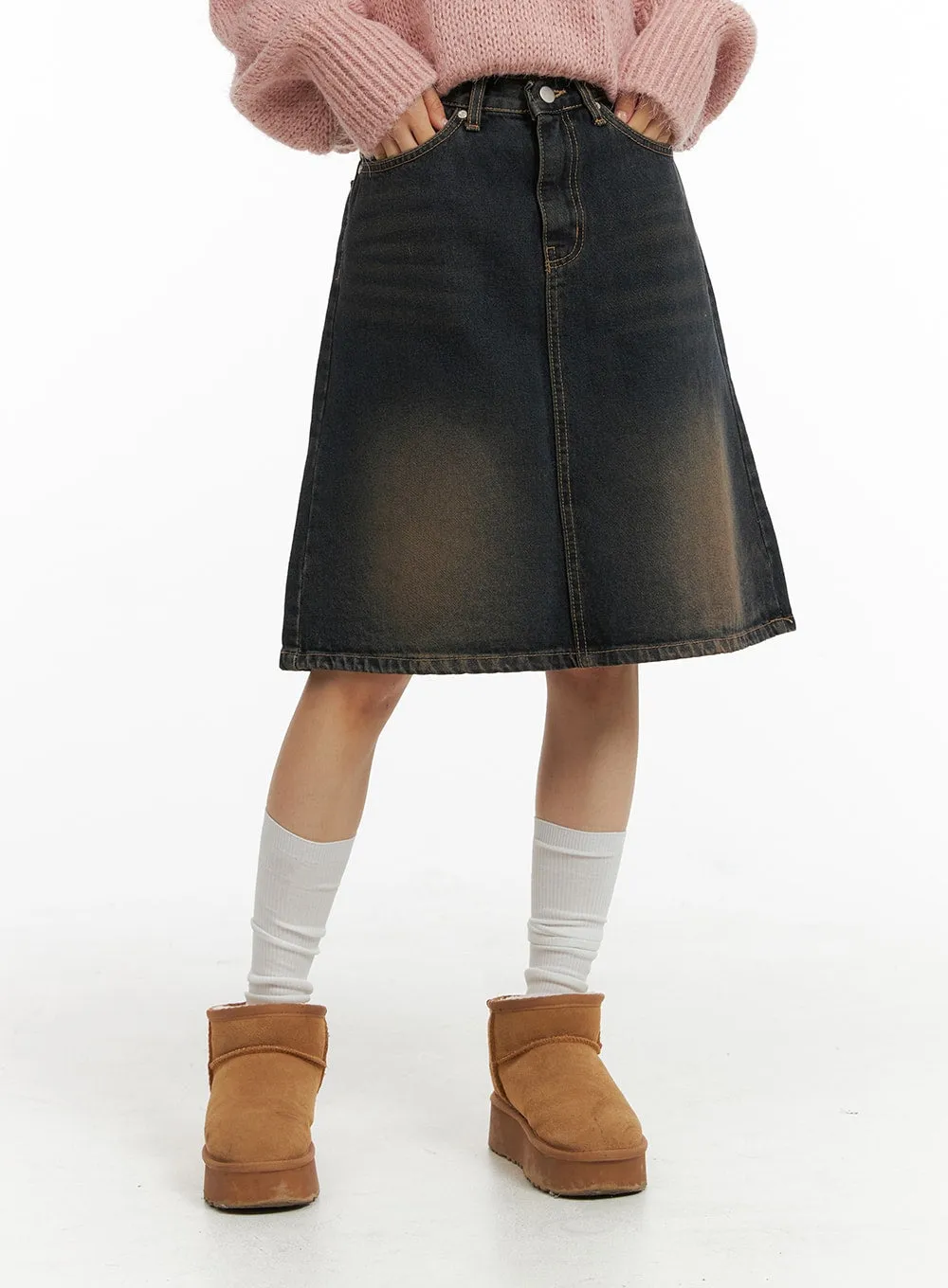 High Waist Solid Denim Mid Skirt CJ409