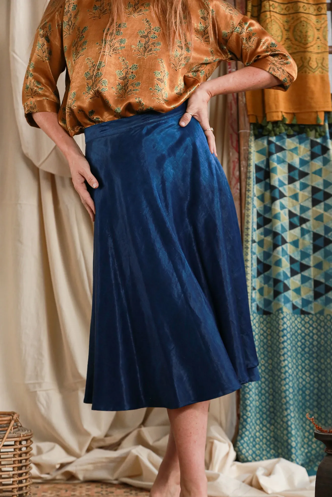 Indigo Dyed Silk Mashru Midi Wrap Skirt