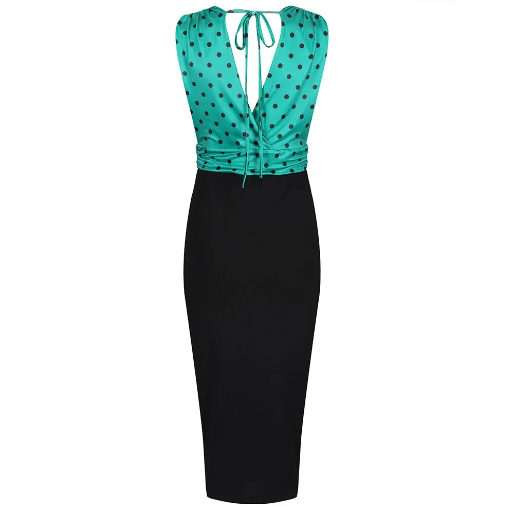 Jade Green And Black Polka Wrap Effect Bodycon Midi Dress