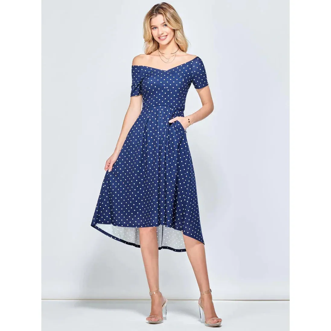 Jolie Moi Fit & Flare Pleated Navy Polka Dot Midi Dress