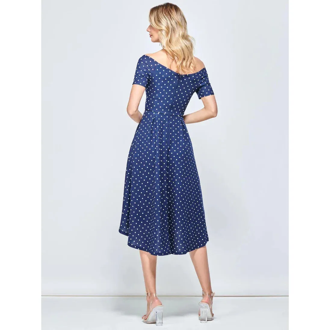 Jolie Moi Fit & Flare Pleated Navy Polka Dot Midi Dress