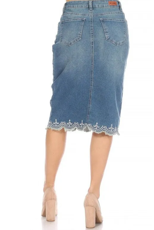 Lace Hem Detail Jean Skirt-Vintage Wash