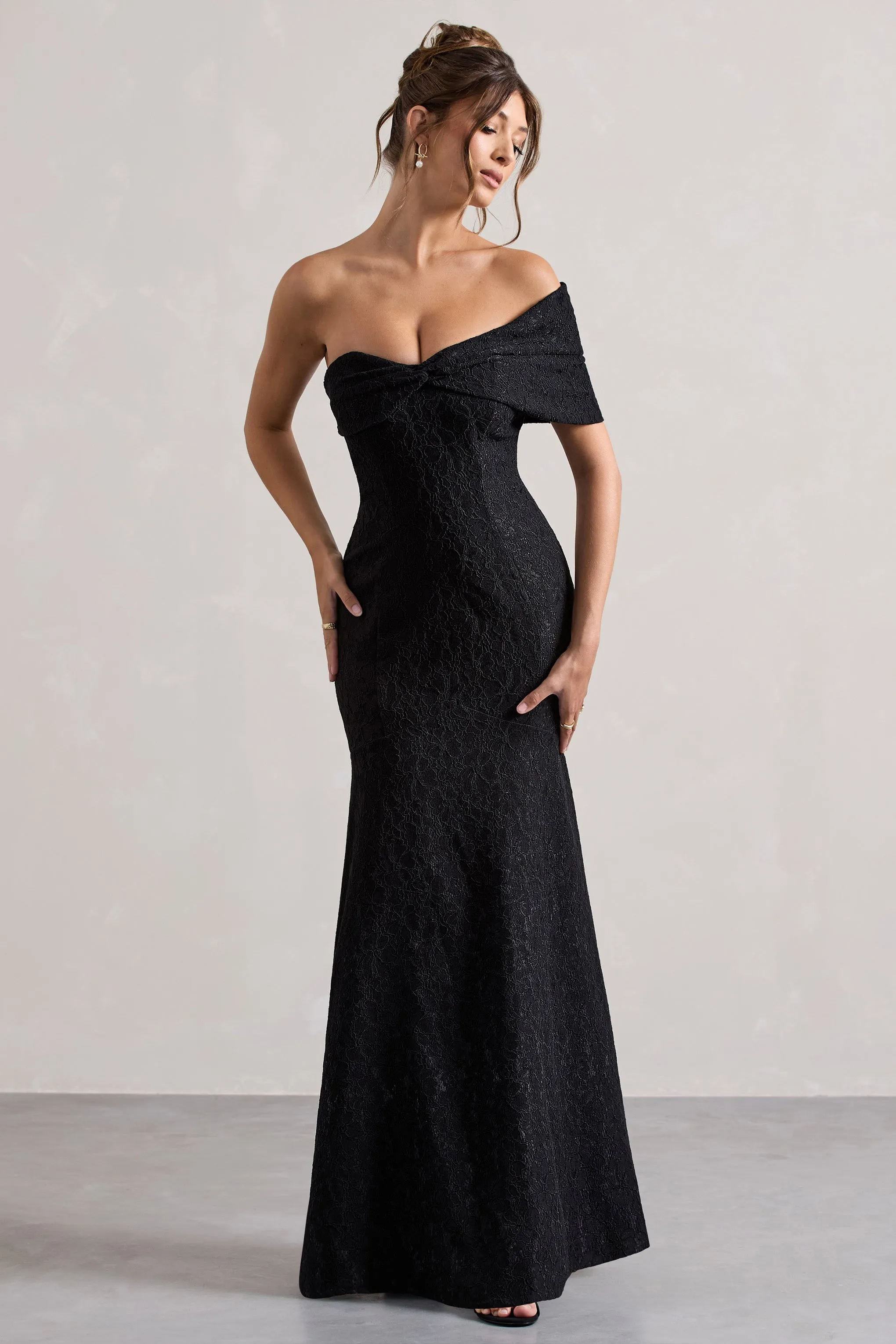 Masquerade | Black Lace Twisted Bardot Maxi Dress