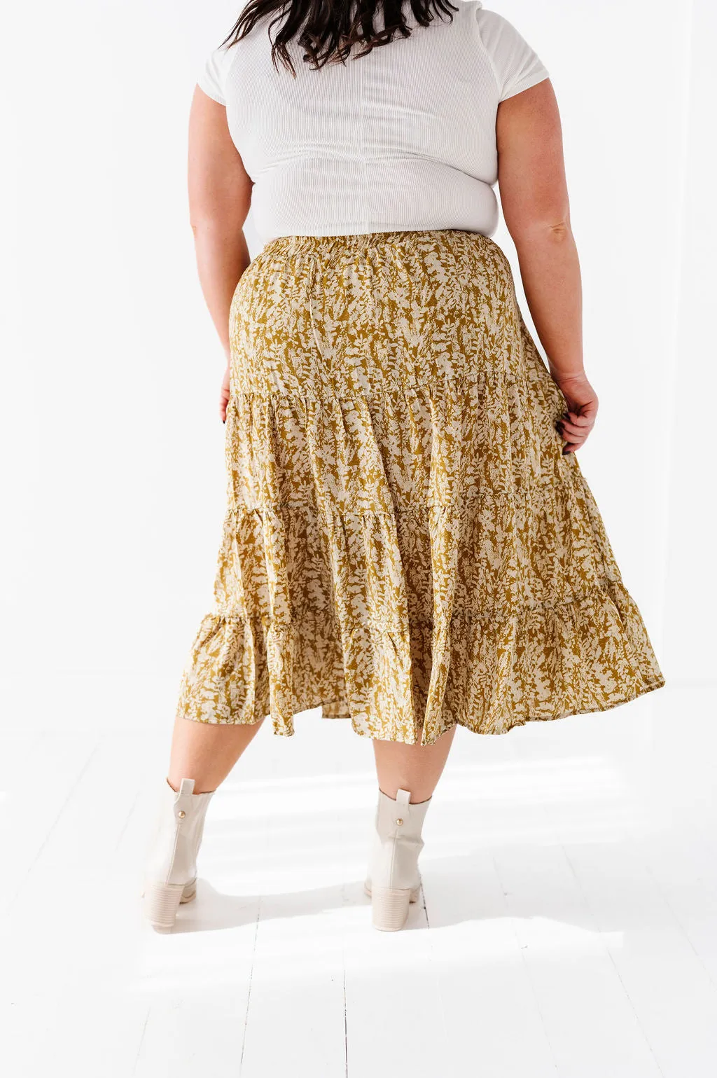 Meadow Tiered Midi Skirt in Mustard