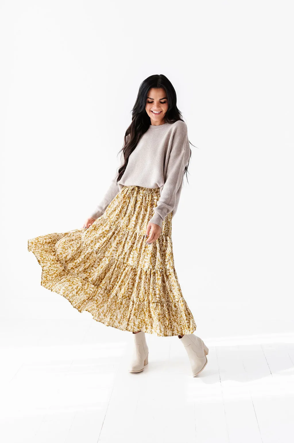 Meadow Tiered Midi Skirt in Mustard