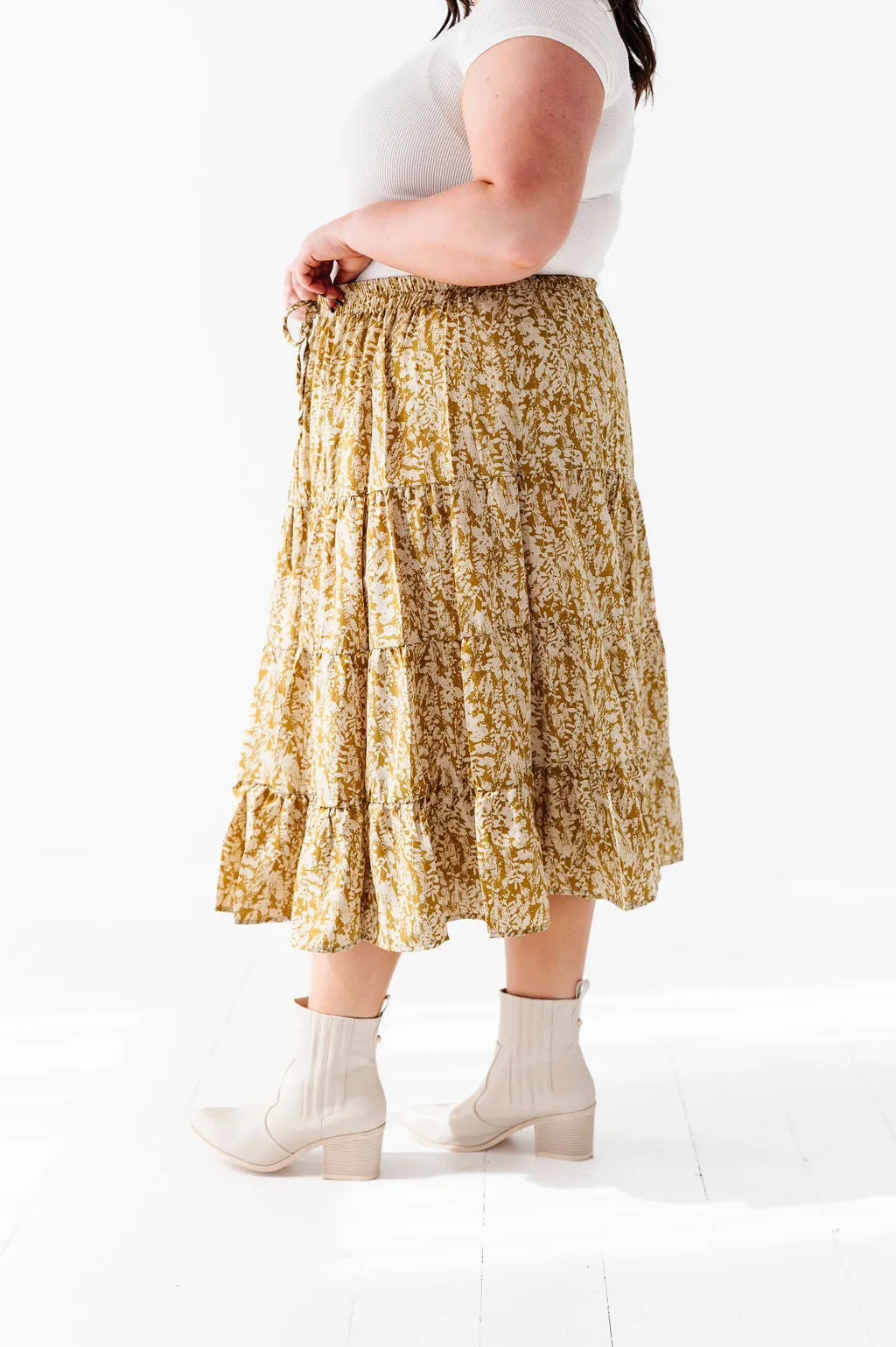 Meadow Tiered Midi Skirt in Mustard