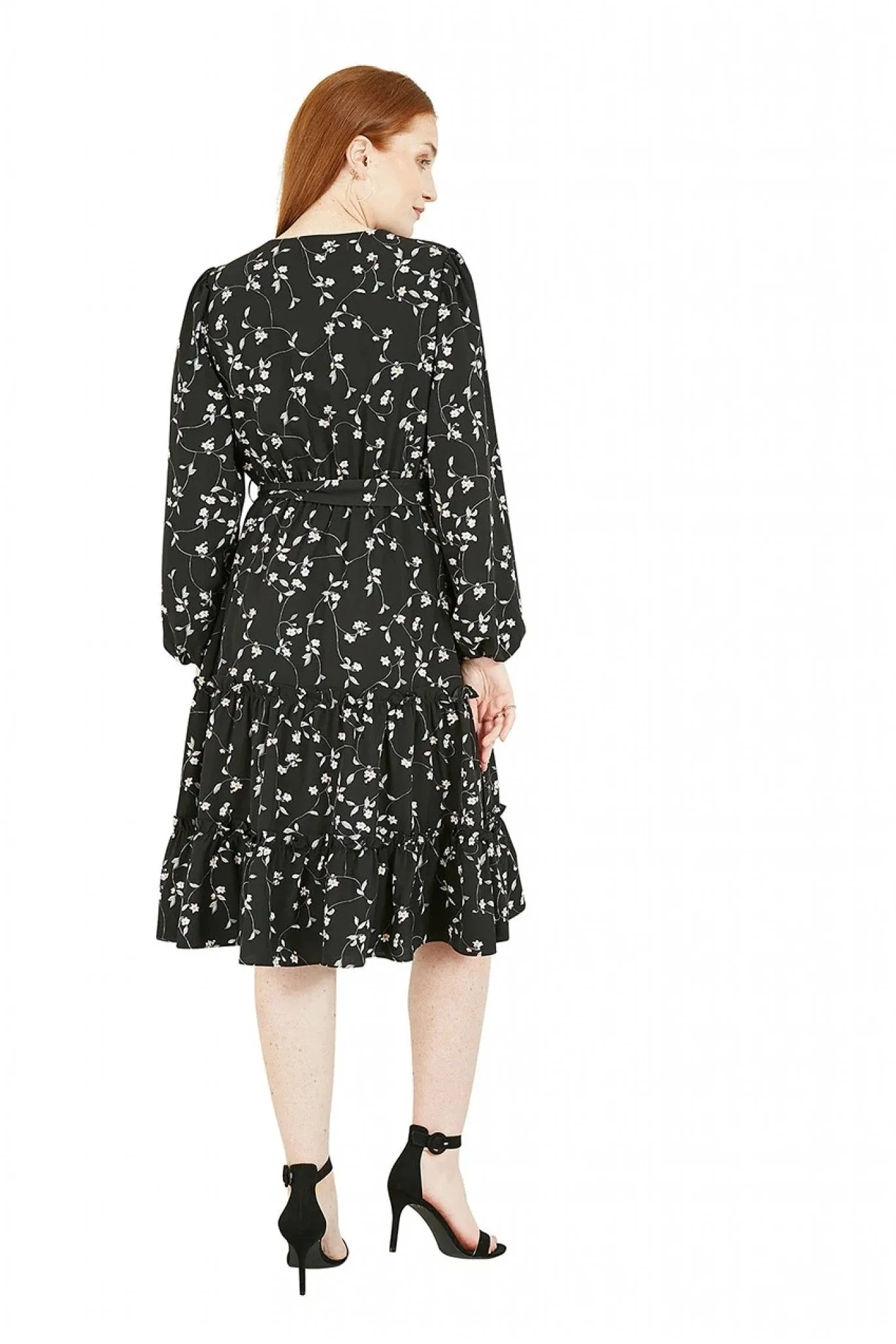 Mela London Black Floral Wrap Dress With Frill Hem