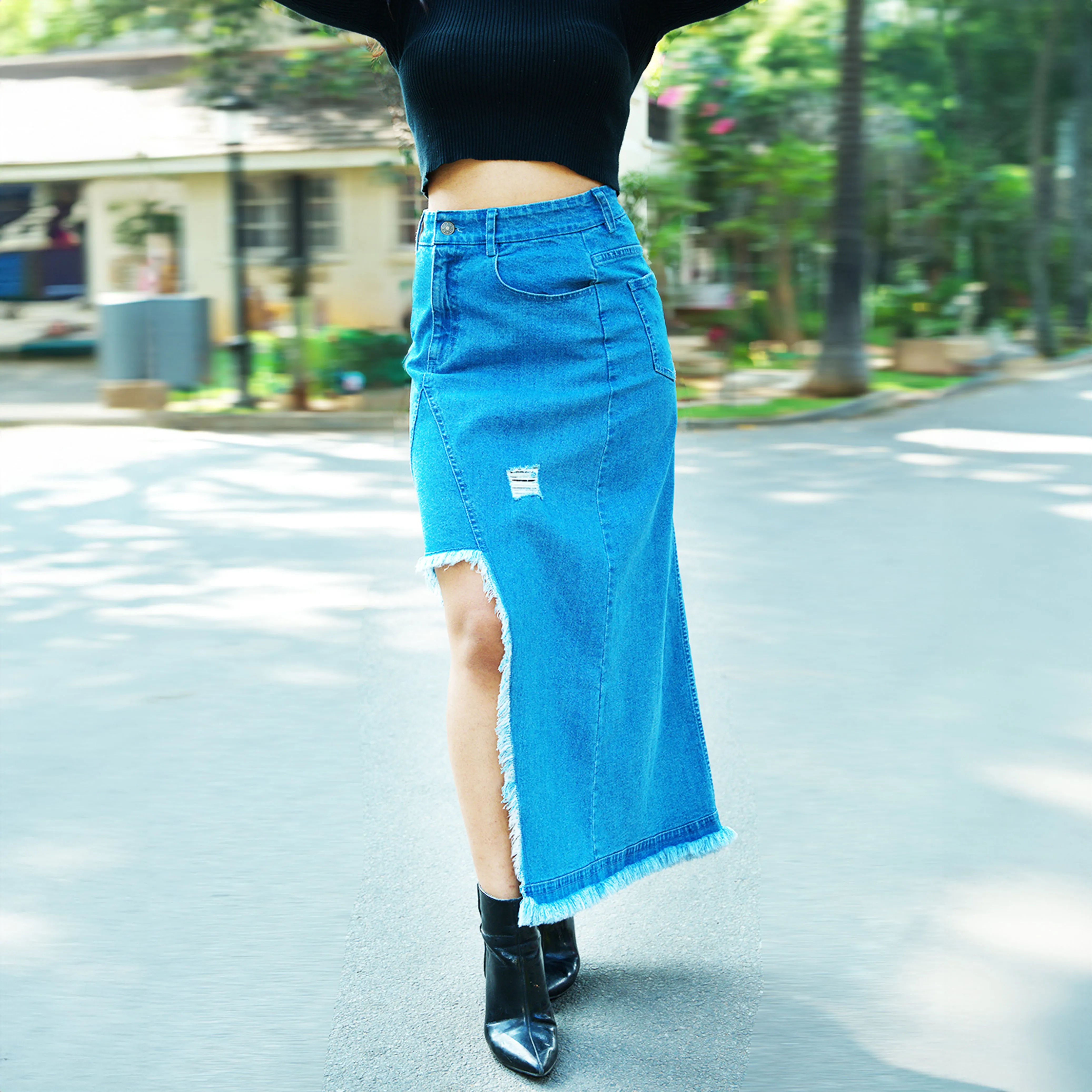 Mid-Blue Cut-out Denim Midi Skirt