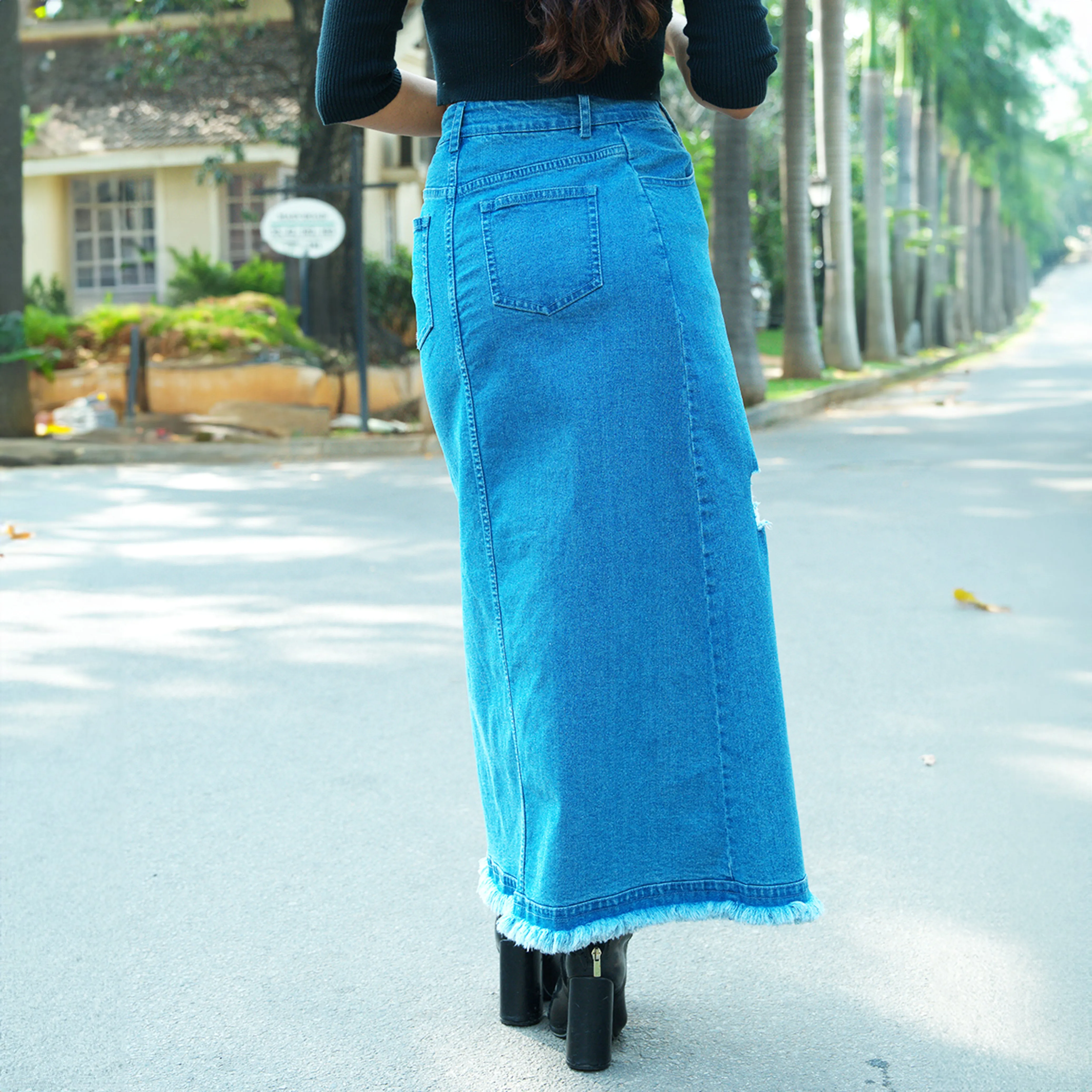 Mid-Blue Cut-out Denim Midi Skirt