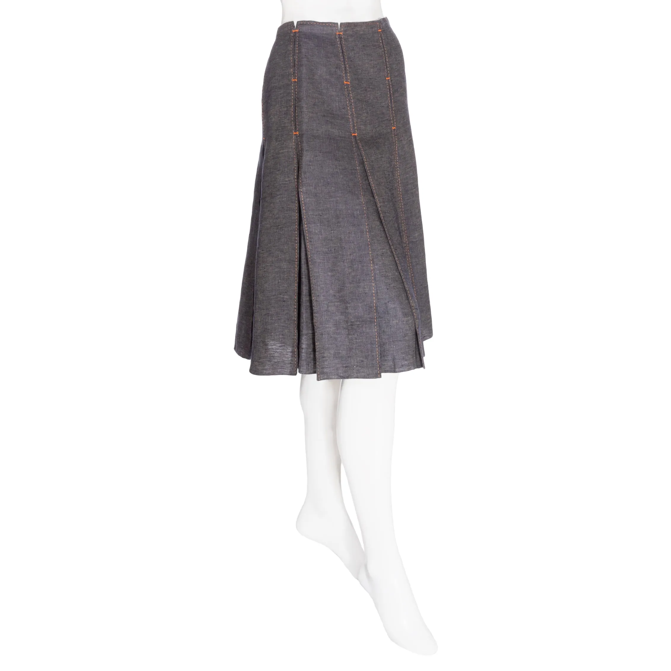 Navy Blue Linen Pleated A-Line Skirt