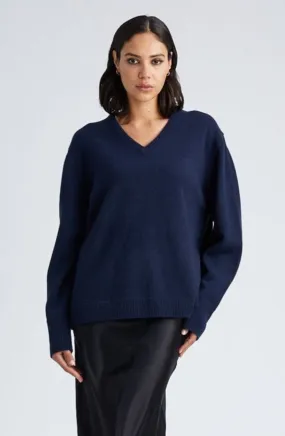 Navy Cashmere V-Neck Boyfriend Sweater