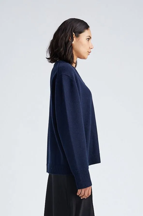 Navy Cashmere V-Neck Boyfriend Sweater