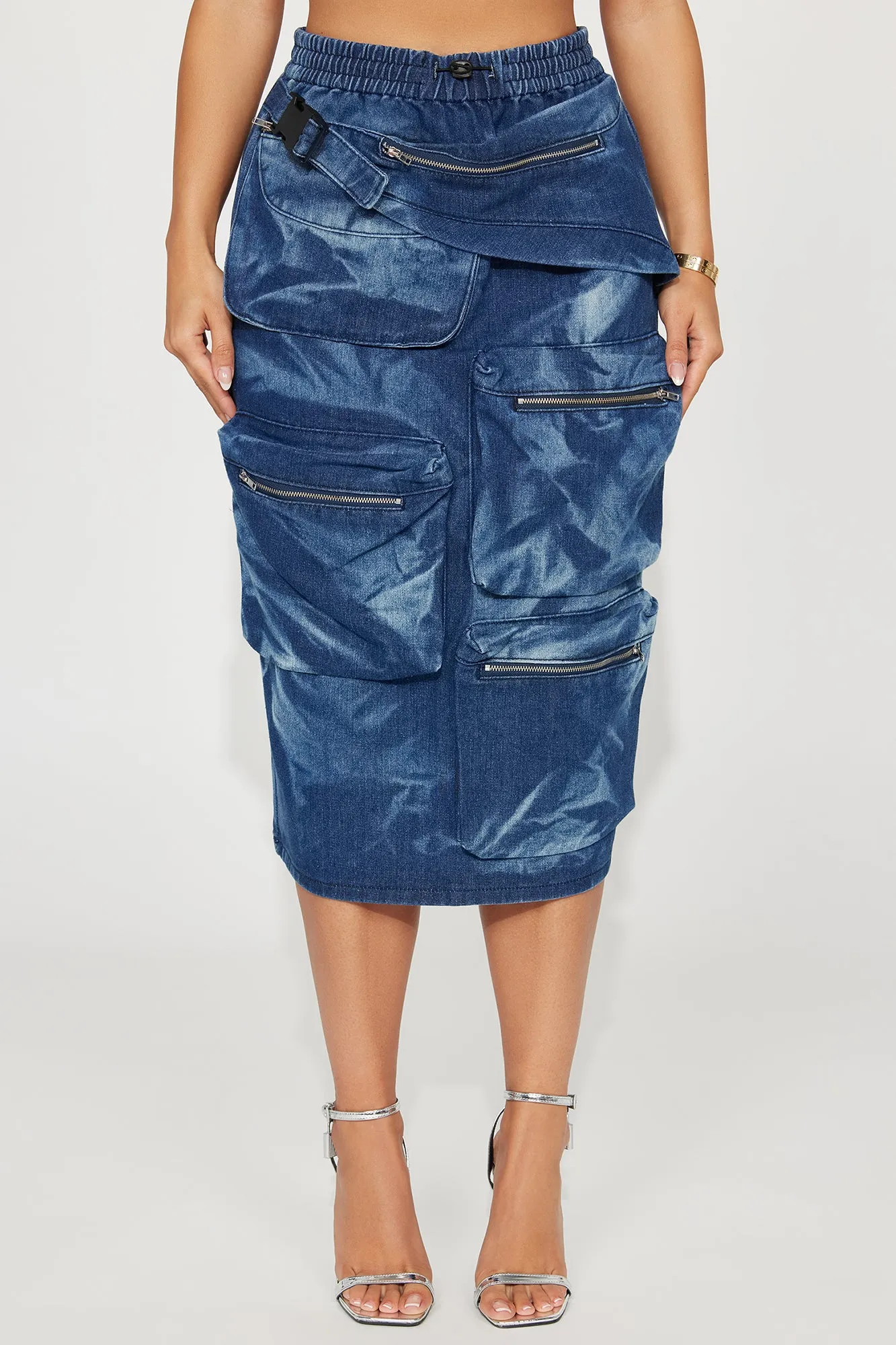 Not Sorry Mineral Wash Cargo Midi Skirt - Dark Wash