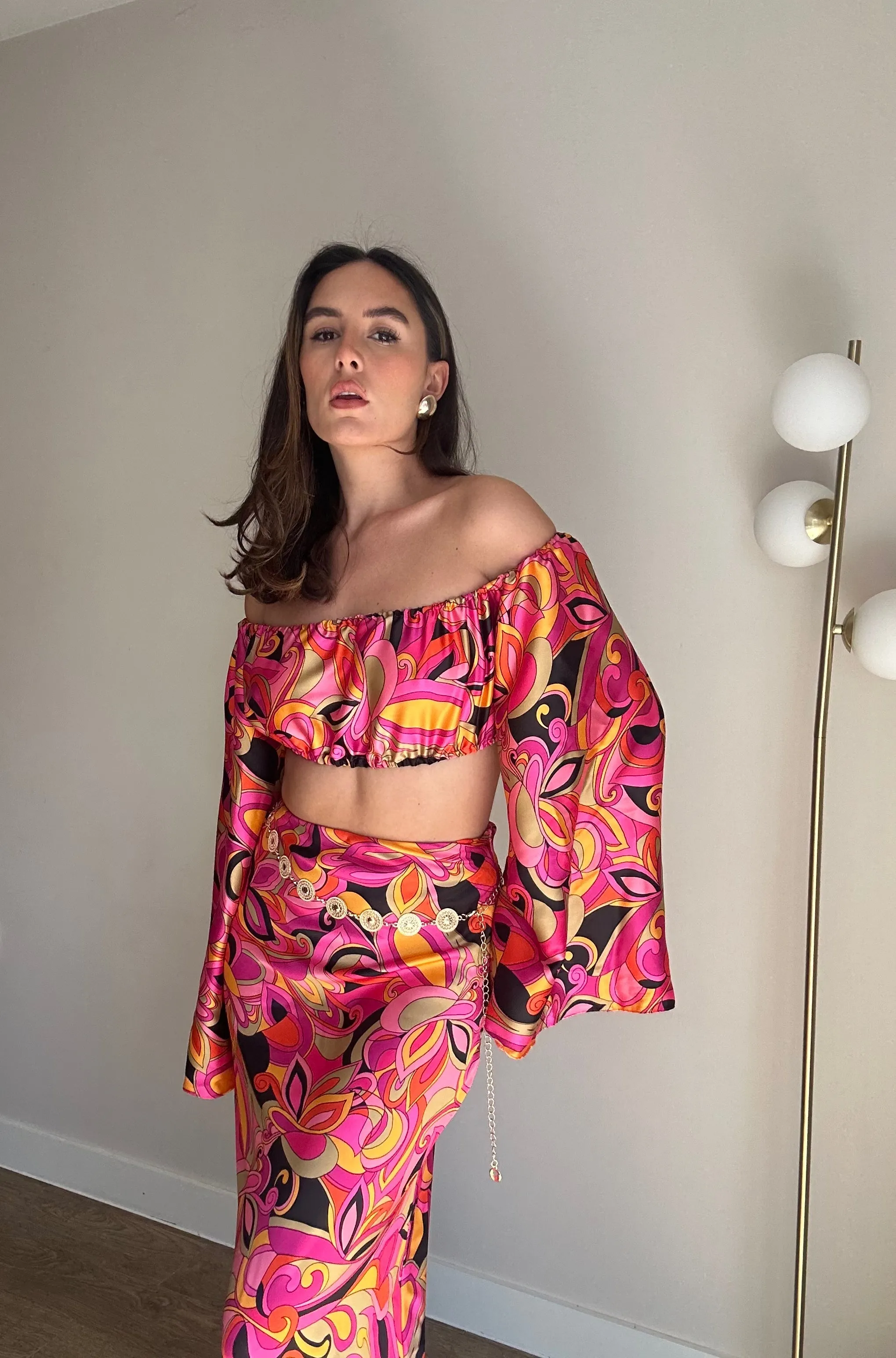 Paisley Satin Crop Top And Maxi Skirt